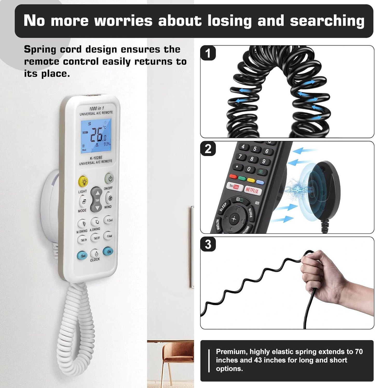 2-Pack Magnetic Remote Control Holders with Spring Ropes - Safely Secure Remotes & Small Items, Wall-Mount with Adhesive, Anti-Loss, Rapid Adsorption, Extendable Spring (Black 70 inch, 2 Pack)