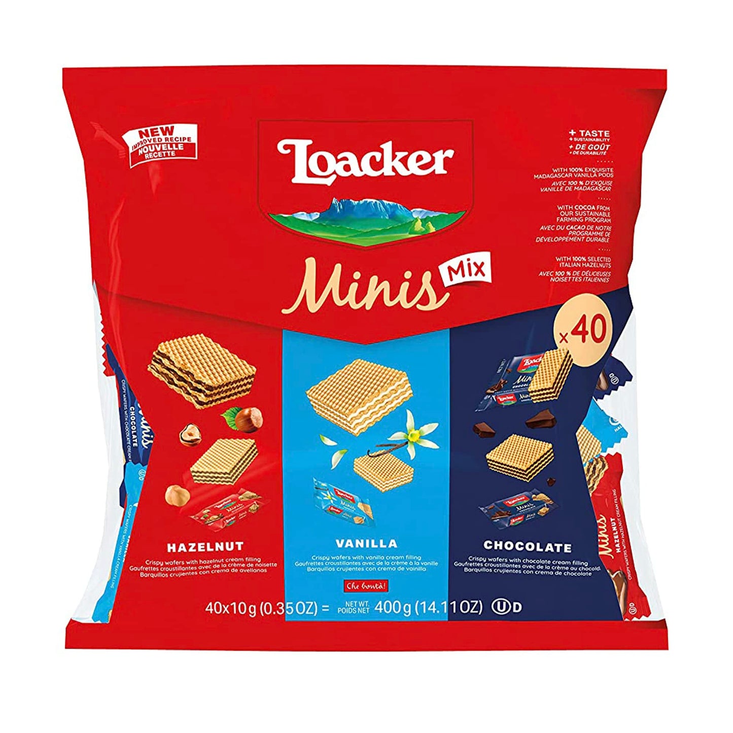 Loacker Minis Wafer Variety Pack - 30% Less Sugar - Premium Assorted Cream Filled Wafer Cookies - Mix of Hazelnut, Chocolate and Vanilla Crispy Wafers - NON-GMO - Sustainably Sourced Ingredients - 10g/0.35oz, 40 Individually Wrapped Snack Packs (mix)