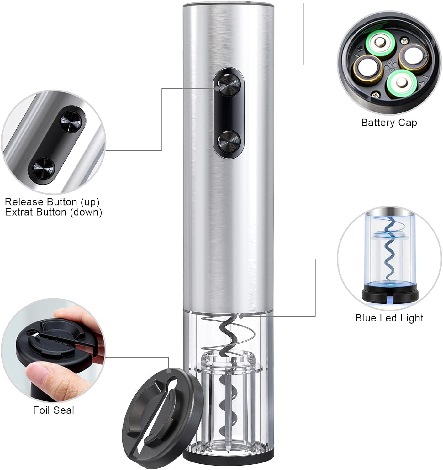 COKUNST Electric Wine Opener, Battery Operated Corkscrews Wine Bottles Openers with Foil Cutter & LED Light, Reusable Automatic Wine Remover Stainless Steel for Wine Lover Home Kitchen Party
