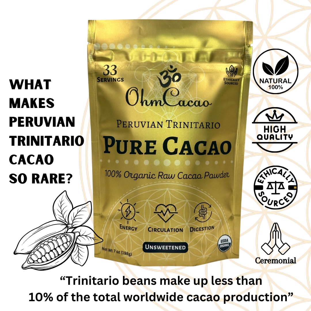 Ohm Pure Cacao Powder | Unsweetened Ceremonial Grade Cacao Powder | Natural Source of Magnesium & Iron | Organic Chocolate Baking Powder/Drink Mix (33 Servings)