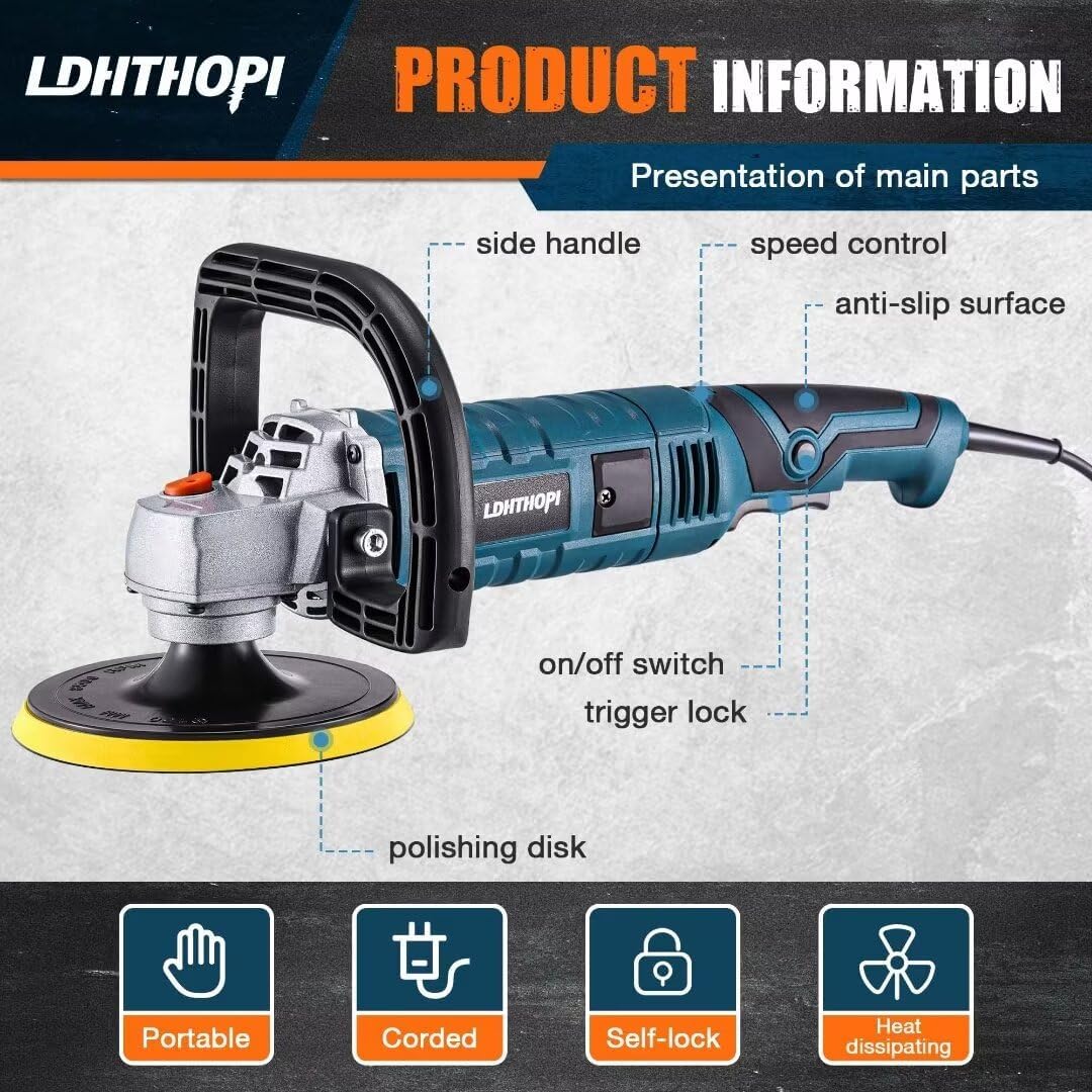 Buffer Polisher, 1600W 7 Inch/6 Inch Rotary Buffer Polisher Waxer, 7 Variable Speed 1000-3500 RPM, Detachable Handle for Car, Boat Sanding, Polishing, Waxing