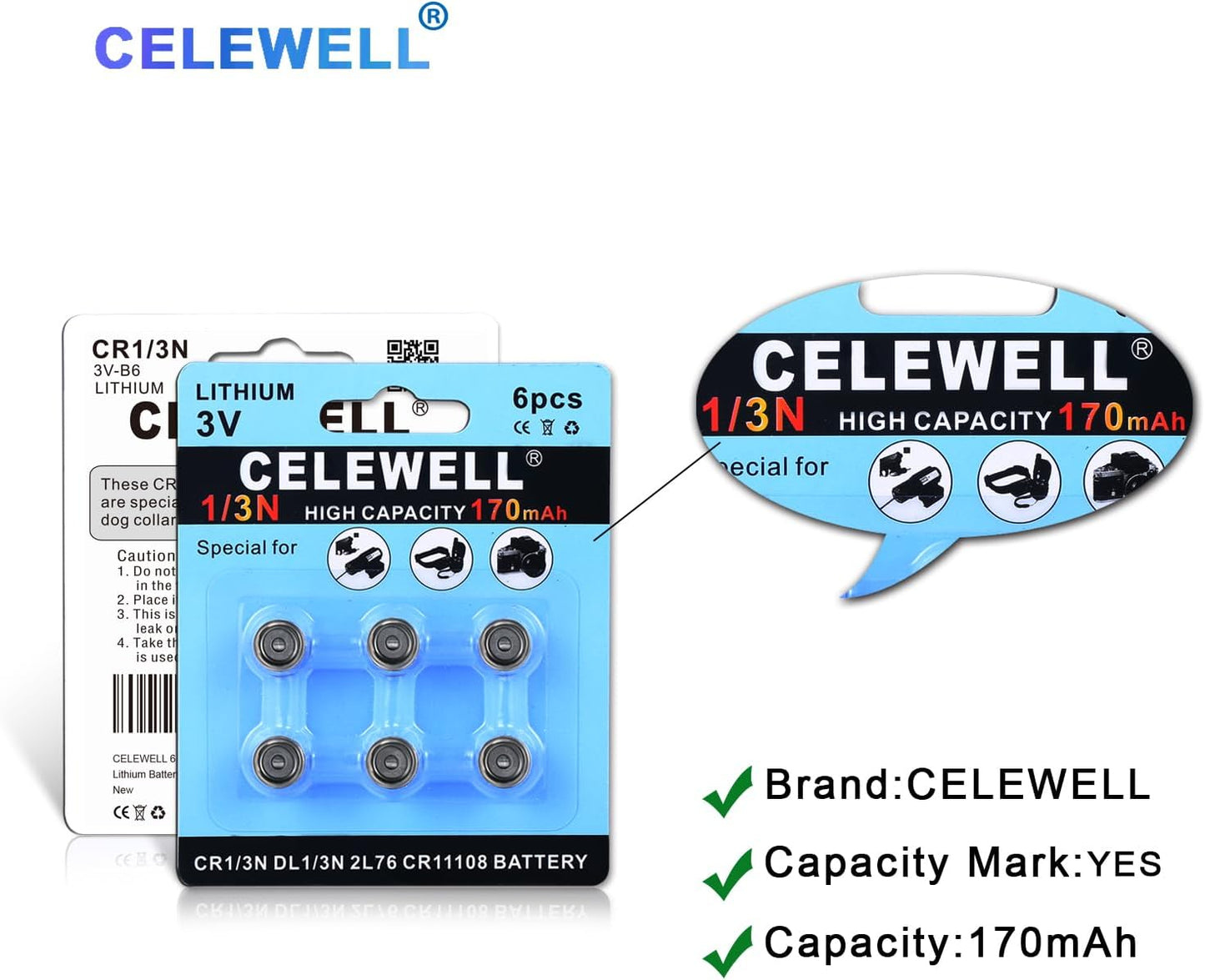 6 Pack DL1/3N CR1/3N 3V Lithium Battery 170mAh【7-Year Warranty】
