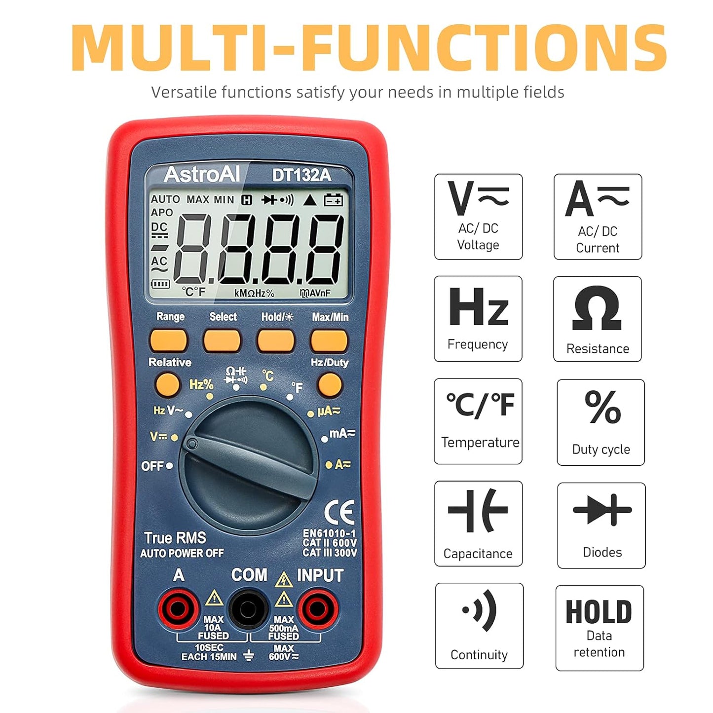AstroAI Digital Multimeter, TRMS 4000 Counts Volt Meter (Manual and Auto Ranging); Measures Voltage Tester, Current, Resistance, Continuity, Frequency; Tests Diodes, Temperature (Red)