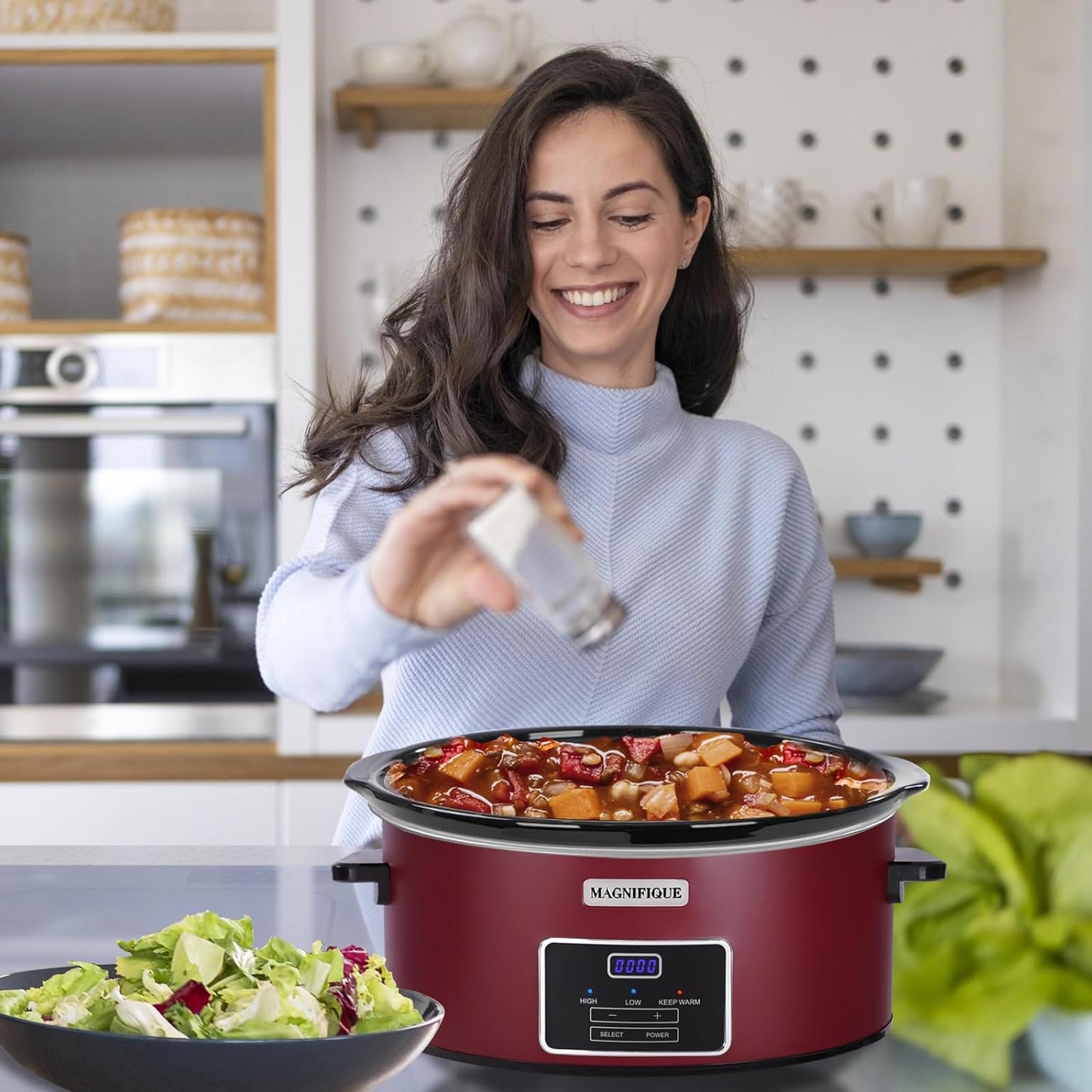 Magnifique 6 Quart Programmable Slow Cooker, Kitchen Appliances, Perfect Kitchen Small Appliance for Family Dinners, Red Stainless Steel