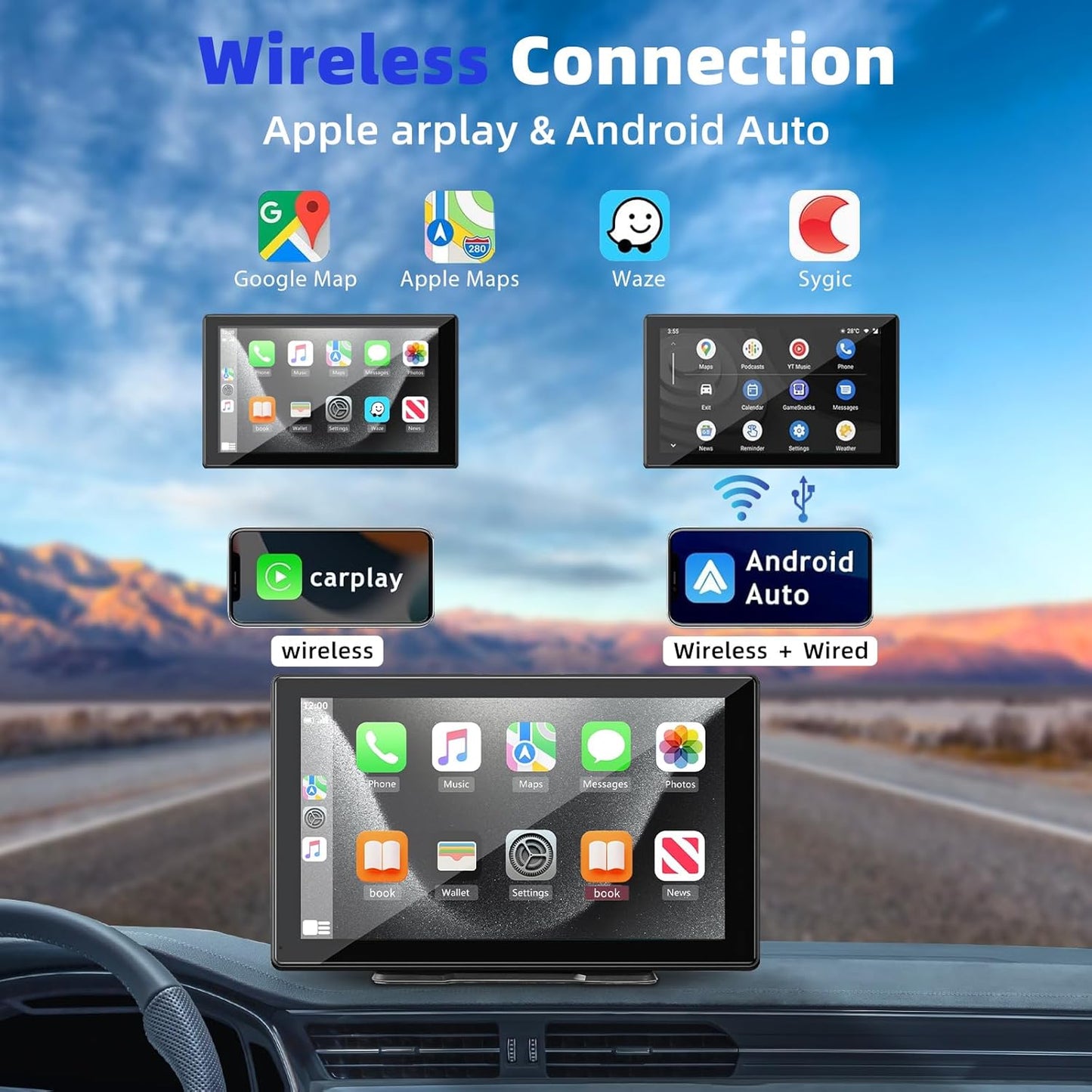 9 Inches Wireless Apple Carplay Touch Screen for car with 4K Dash Cam,Universal Wireless CarPlay Screen for Old Car,Portable Car Play & Android Auto Car Screen With1080p Backup Camera