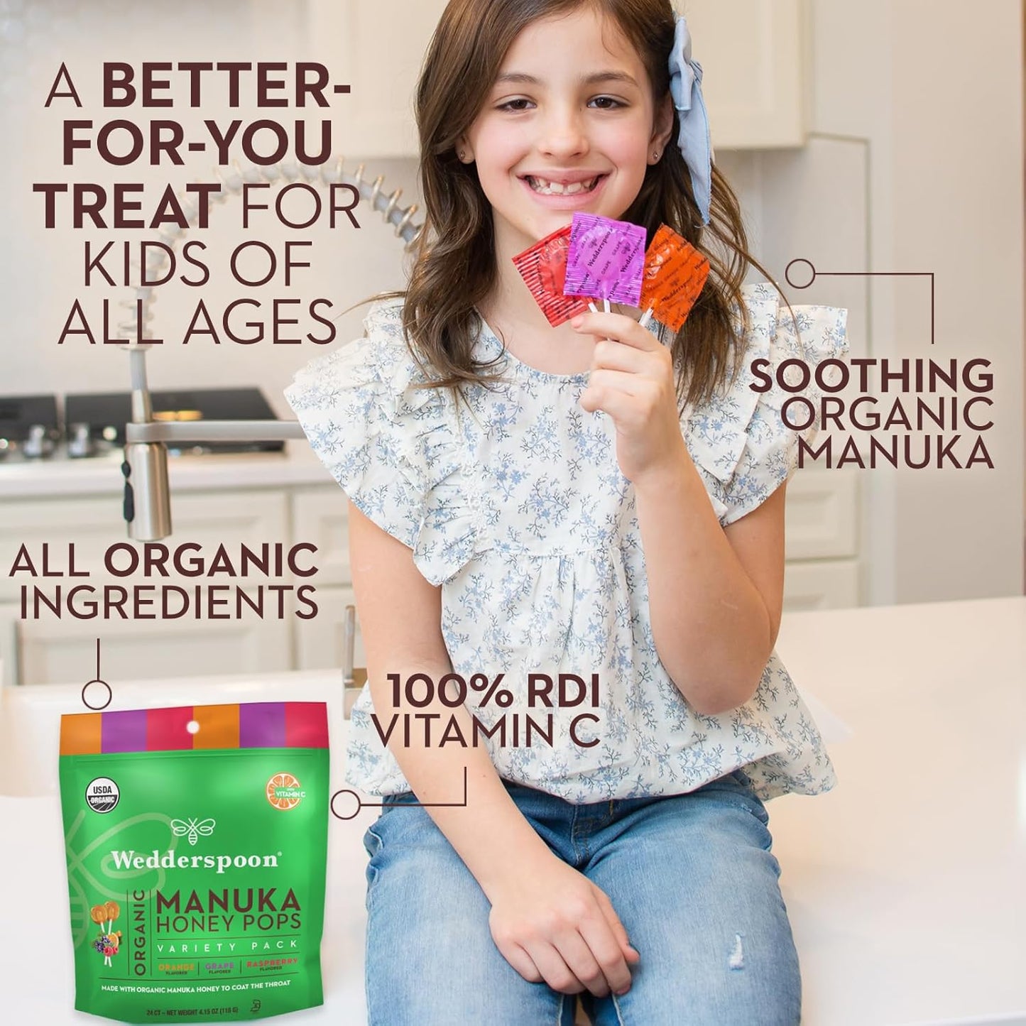 Wedderspoon Organic Manuka Honey Vitamin C Lollipops Variety Pack, 24 Count - No Artificial Flavors or Dye