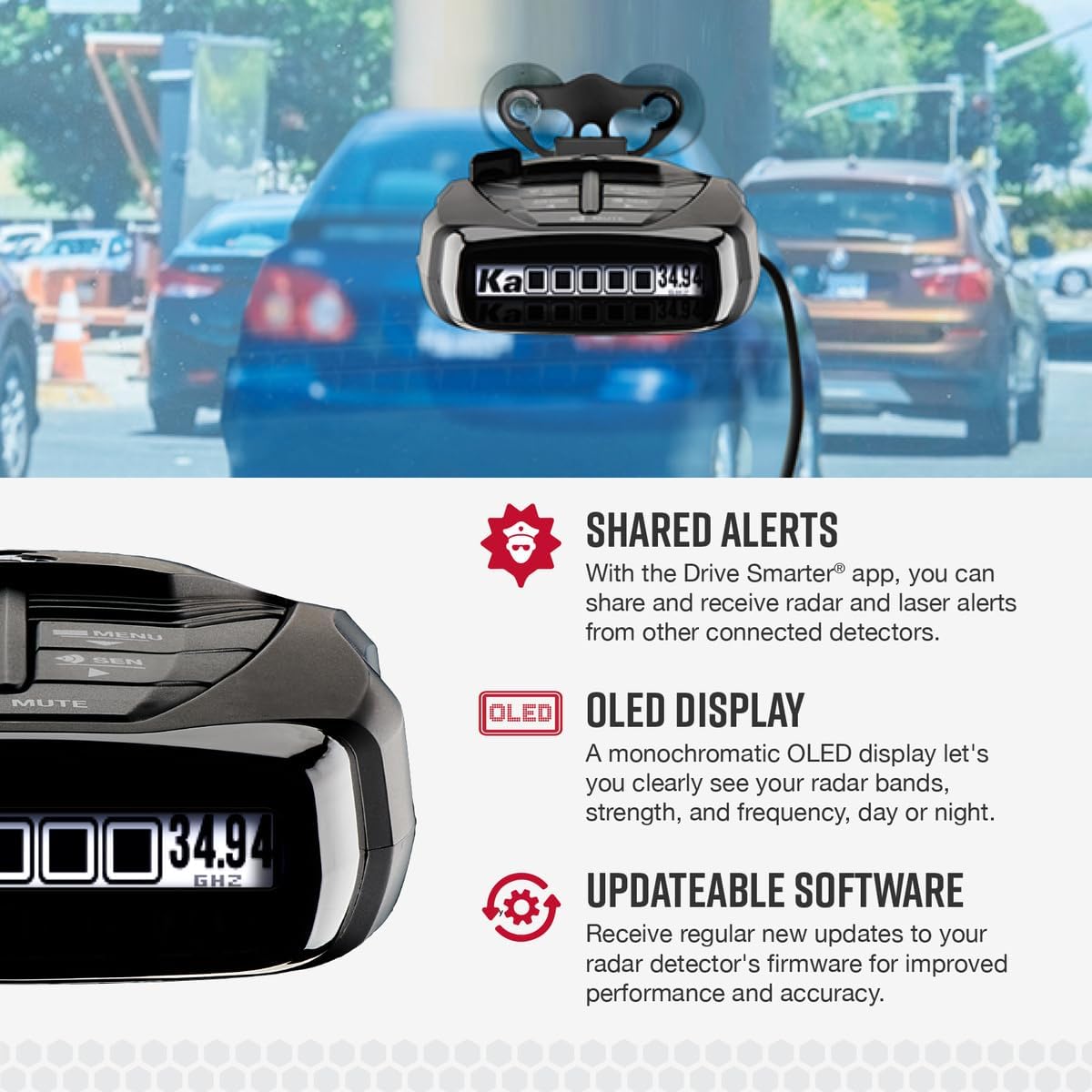 Cobra RAD 480i Laser Radar Detector – Long Range Detection, Bluetooth, Drive Smarter® App, LaserEye Front and Rear Detection, Digital Signal Processing, Black