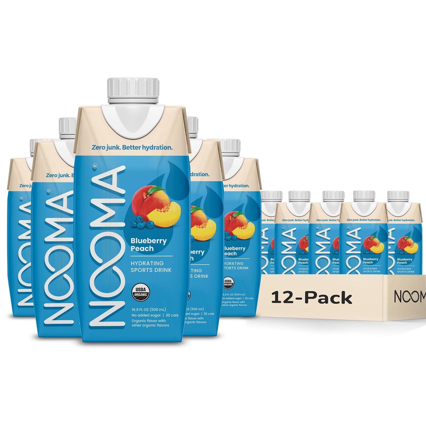 NOOMA - Hydrating Sports Drink - Electrolyte Drink with Organic Coconut Water - Organic & No Added Sugars - Rapid Hydration - 30 Calories & 505mg Electrolytes - Blueberry Peach - 12 Pack (16.9oz each)