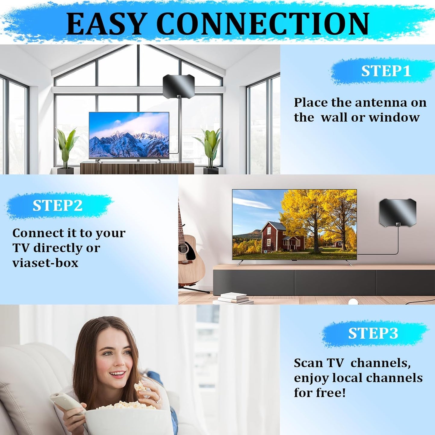 2024 TV Antenna for Smart TV Indoor, TV Antenna for Local Channels, 1000+ Miles Long Range TV Antenna Indoor 360°Reception, Support 8K 4K 1080p HDTV Antenna with 25ft Coaxial Cable