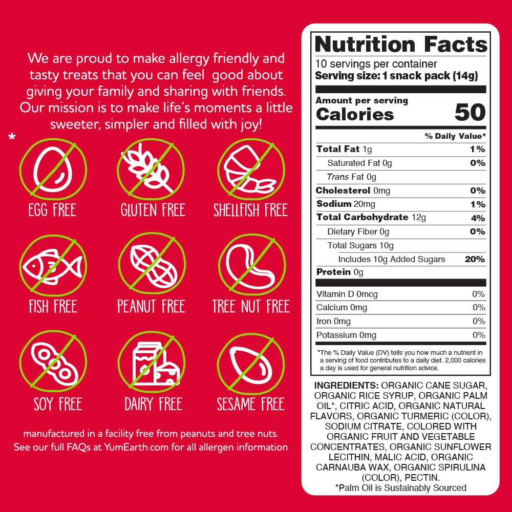 YumEarth Organic Giggles Chewy Candy - Allergy Friendly (Top 9 Free), No Artificial Dyes or Flavors, Non GMO, Gluten Free, Vegan - Individually Wrapped Fruity Snack Packs - 0.5 Ounce (Pack of 10)