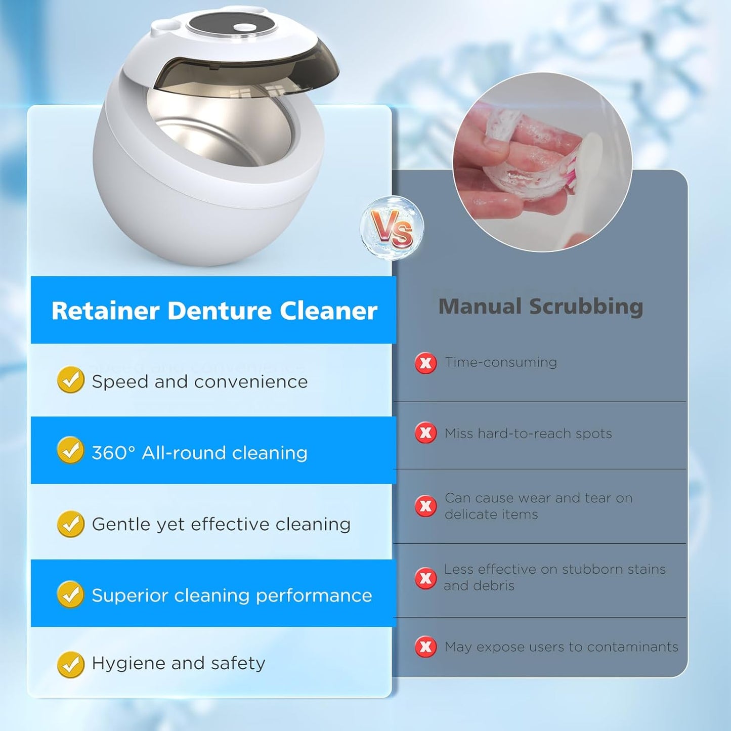 45kHz Ultrasonic Retainer Cleaner Machine, 200ML Denture Cleaner, 4 Modes with Digital Timer Mouth Guard Cleaner for Aligner, Night guard, Braces, Toothbrush, Jewelry(Bright White)