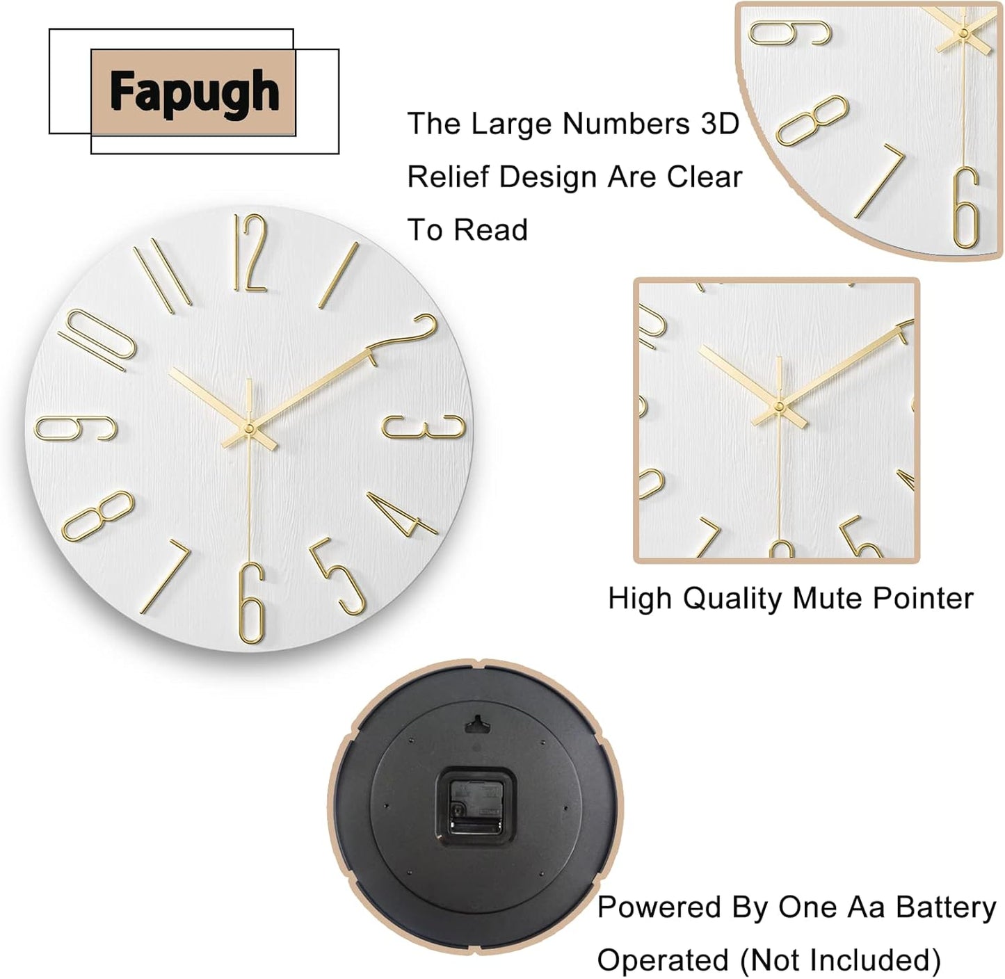 12 Inch Wall Clock Silent Non Ticking, Preciser Modern Style Decor Clock for Home, Office, School, Kitchen, Bedroom, Living Room (White)
