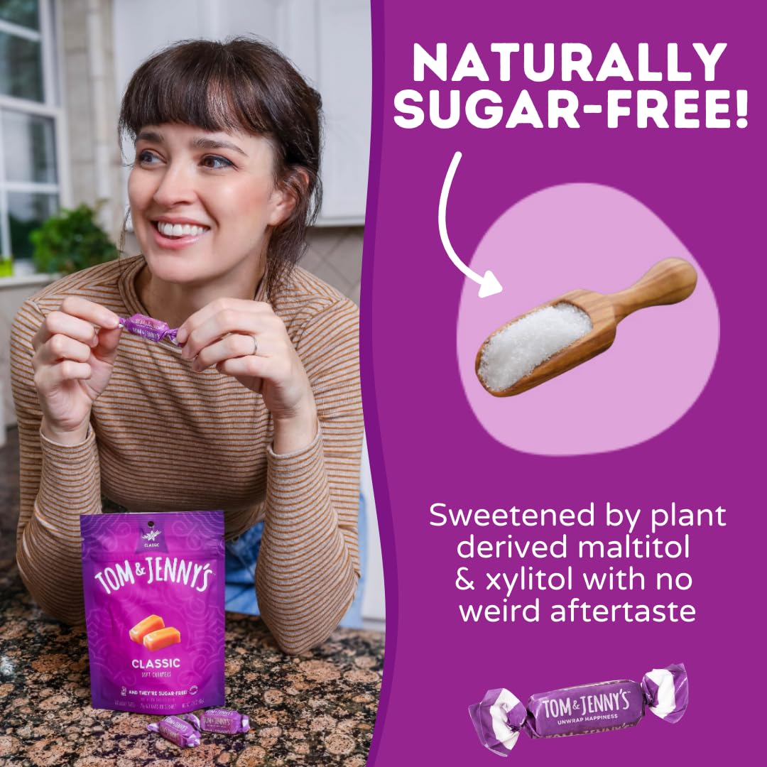 Tom & Jenny's Sugar Free Candy Soft Caramels Individually Wrapped - Sea Salt & Vanilla - Low Net Carb Zero Sugar Candy with Xylitol & Maltitol (Classic Chewy Sugar Free Caramel) Keto Candy 1 Pack