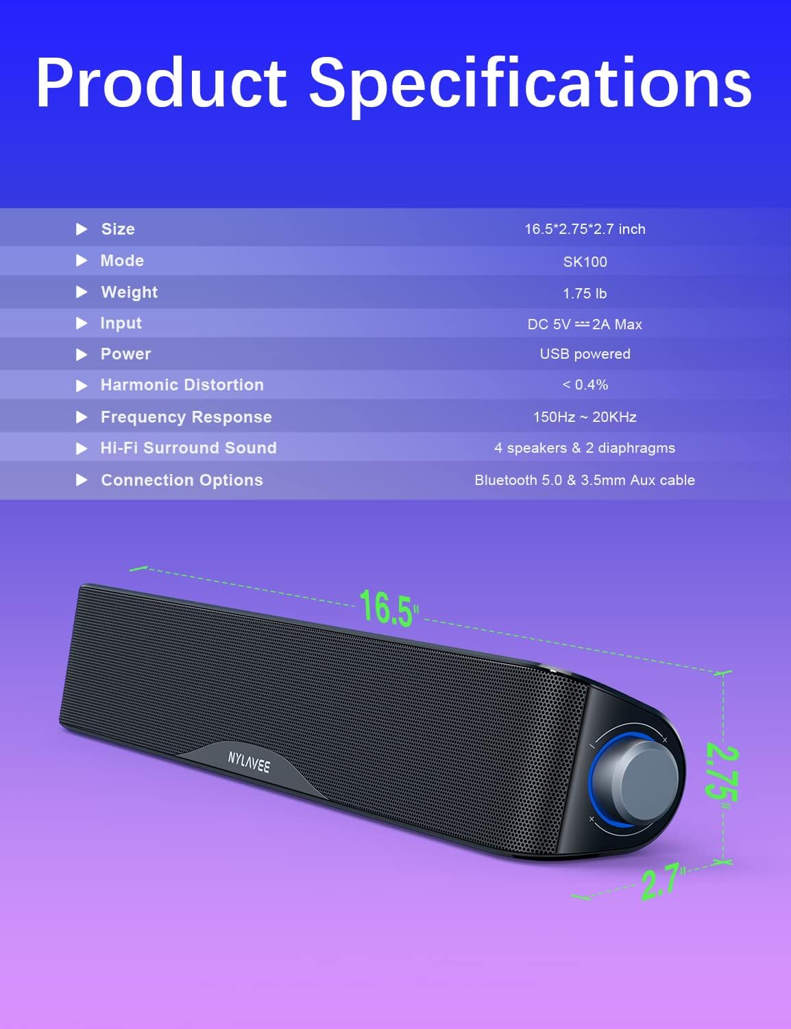 Computer Speakers, HiFi Sound Quality Computer Sound Bar, USB Powered PC Speakers, Bluetooth 5.0 and 3.5mm Aux-in Computer Speakers for Desktop, Laptops, PCs, Phones, Tablets, Xbox, Gaming Speakers