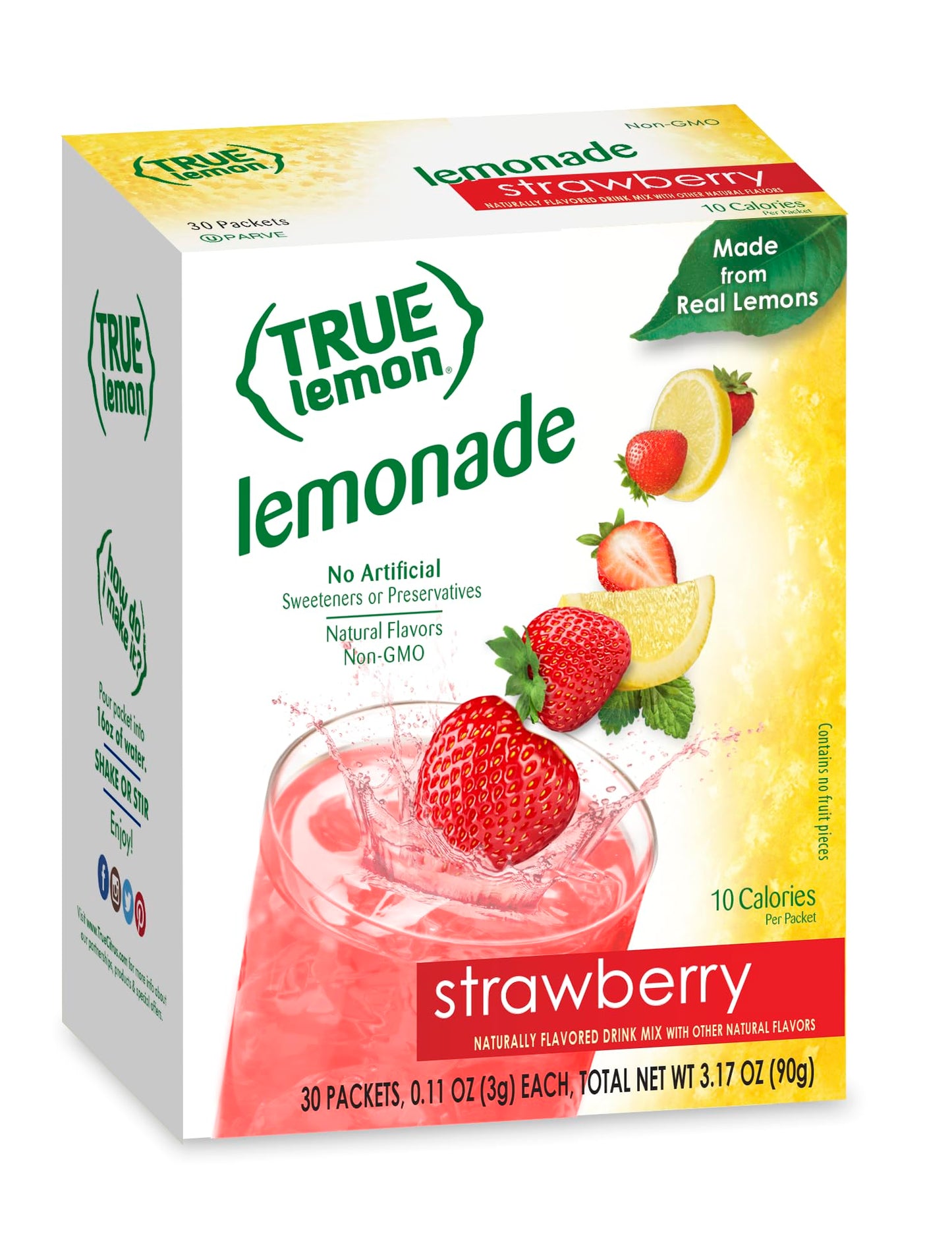 True Lemon Strawberry Lemonade Water Enhancer Drink Mix (30 Count), Low Calorie Drink Mix Packets for Water, Powdered Drink Mixes & Flavorings, Individual Drink Packets, Water Flavor Packets with Stevia