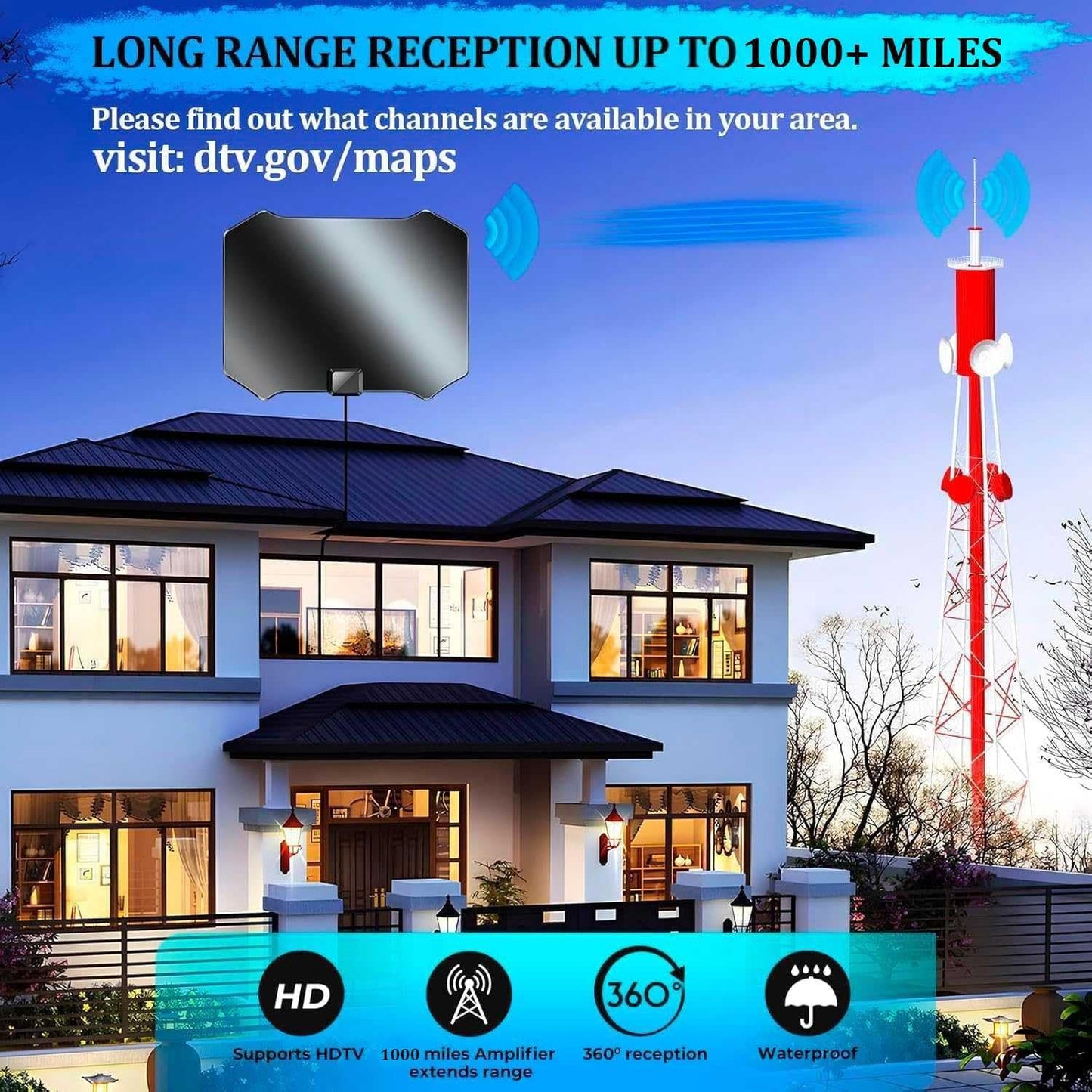 2024 TV Antenna for Smart TV Indoor, TV Antenna for Local Channels, 1000+ Miles Long Range TV Antenna Indoor 360°Reception, Support 8K 4K 1080p HDTV Antenna with 25ft Coaxial Cable