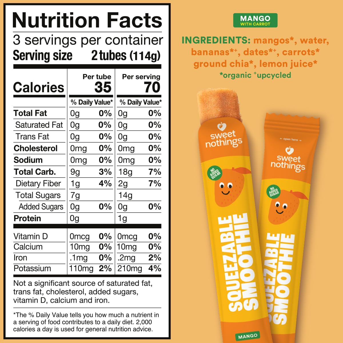Sweet Nothings, Mango, USDA Organic Kids' Squeezable Super Fruit Smoothie Freezie Pops, Pack of 6 - Dye-Free, No Added Sugar, Dairy-Free, Vegan, Healthy Organic Fruit and Veggie Pops