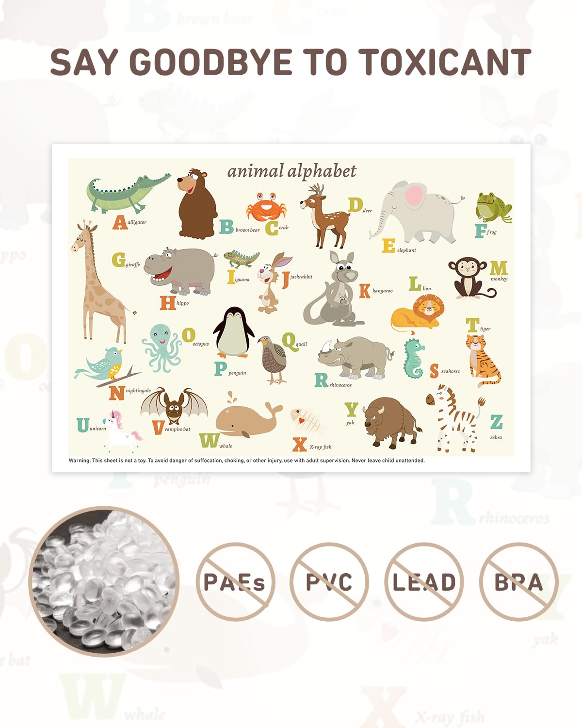 Disposable Stick-on Placemats 40 Pack for Baby & Kids, Restaurant Table Mats 12" x 18" Sticky Place Mats, Toddler Baby Placemat, Animal Alphabet Theme