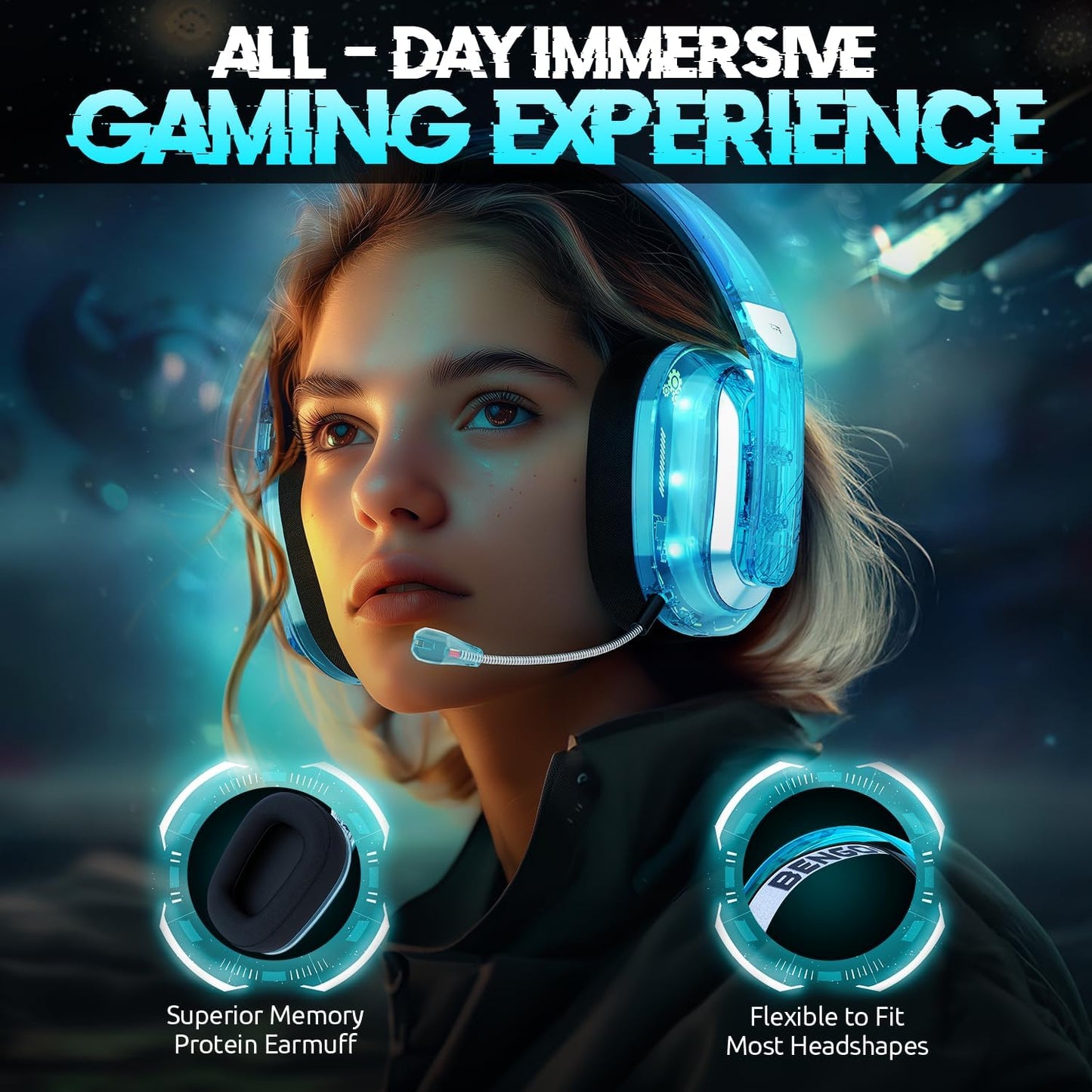 BENGOO Wireless Gaming Headset for PS5, PS4, PC, Switch, Mac, 2.4GHz USB Over Ear Gaming Headphones with Crystal RGB Lights, Bluetooth 5.3, Noise Isolating Microphone, 3.5mm Wired for Controller