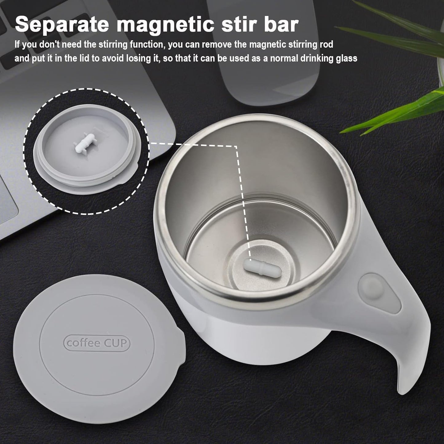 Electric Magnetic Stirring Coffee Mug, Electric Mixing Mug, Automatic Funny Self Mixing Cup, Stainless Steel Travel Cup for Chocolate, Milk, Tea, Office, Home, Kitchen, 12 oz/350ml, White
