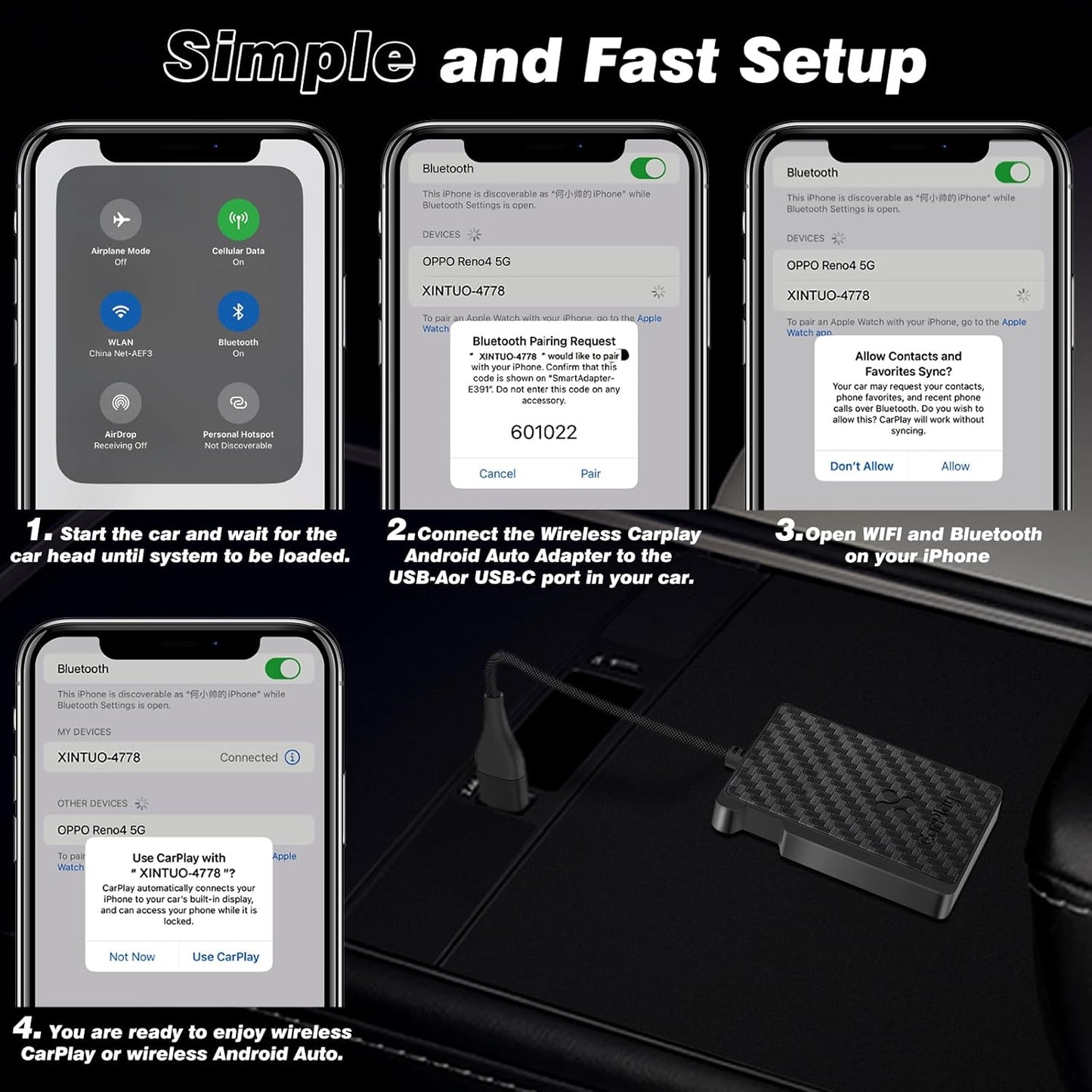 2-in-1 Wireless Carplay Adapter Android Auto Adapter, Convert Wired to Wireless Car Play Adapter Dongle, Plug & Play for Cars, Seamless Control Adapter for iOS 10+/ Android 11+