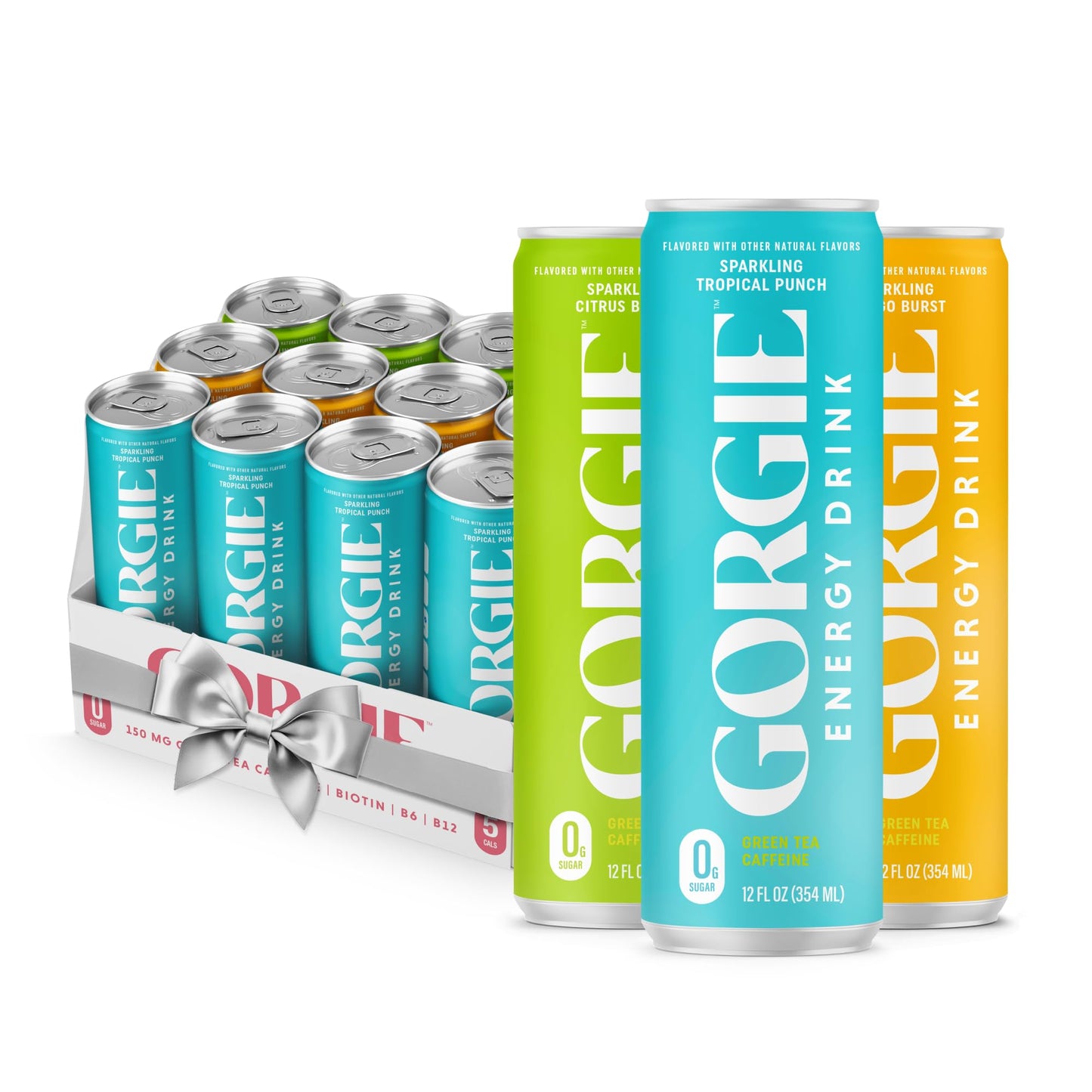 GORGIE Tropical Variety, Sugar-Free Natural Energy Drink Sparkling, Healthy Energy Drinks - Green Tea, Biotin, B Vitamins -150mg Caffeine, Vegan, & Low Calorie (Pack of 12)