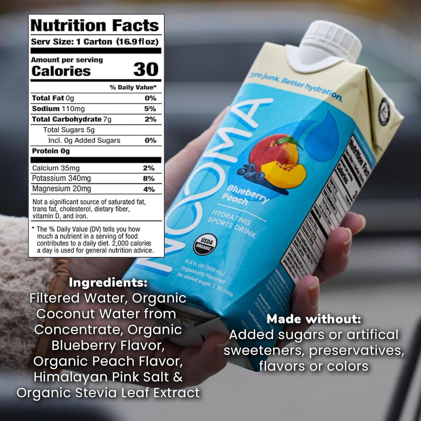 NOOMA - Hydrating Sports Drink - Electrolyte Drink with Organic Coconut Water - Organic & No Added Sugars - Rapid Hydration - 30 Calories & 505mg Electrolytes - Blueberry Peach - 12 Pack (16.9oz each)