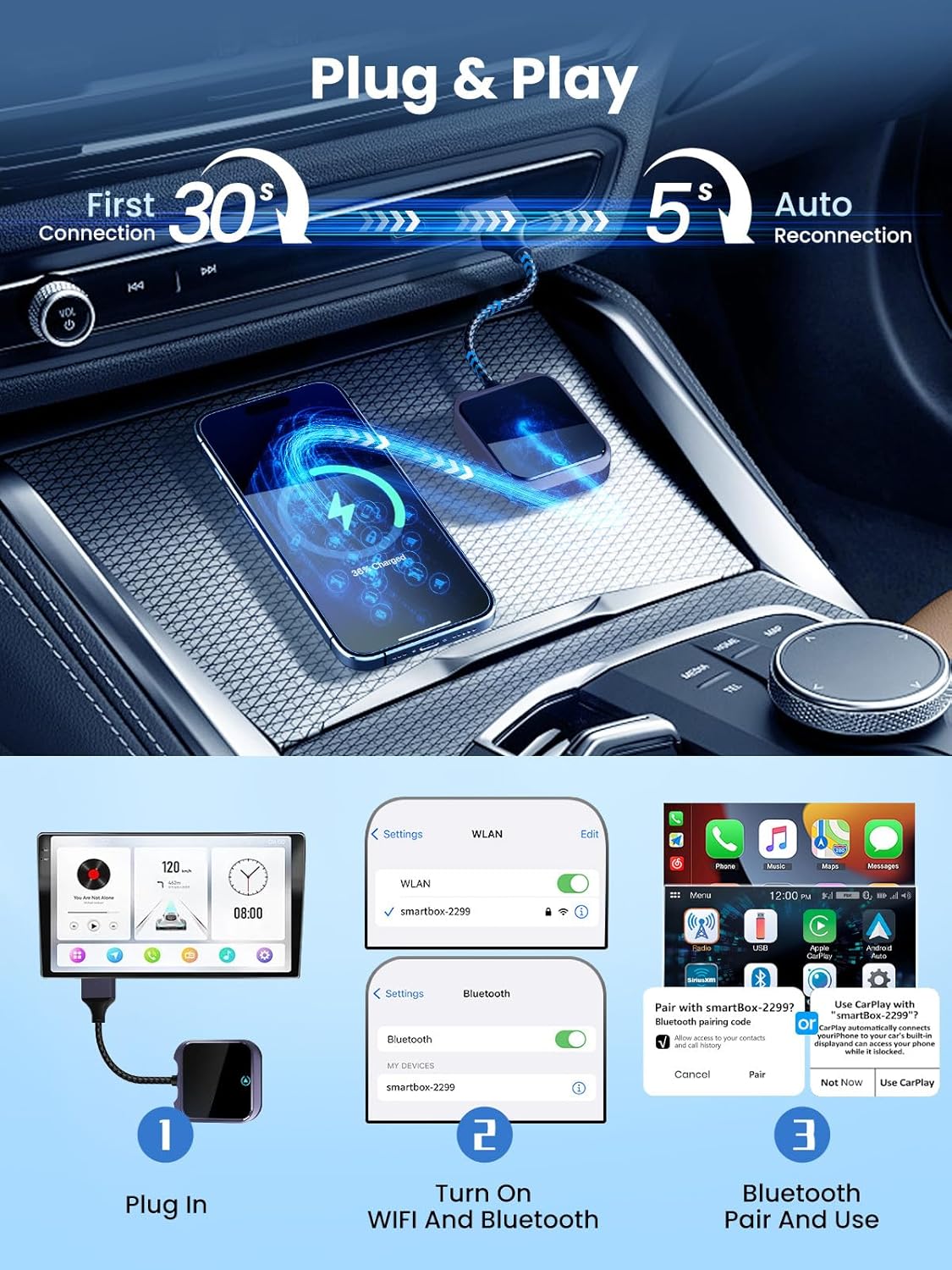 Carplay Wireless and Android Auto Wireless Adapter with Fast Stable 5Ghz WiFi Bluetooth, Wireless Android Auto Car Adapter Applies to Cars After 2016 & Phone with Android10+& USB-A/Type-C