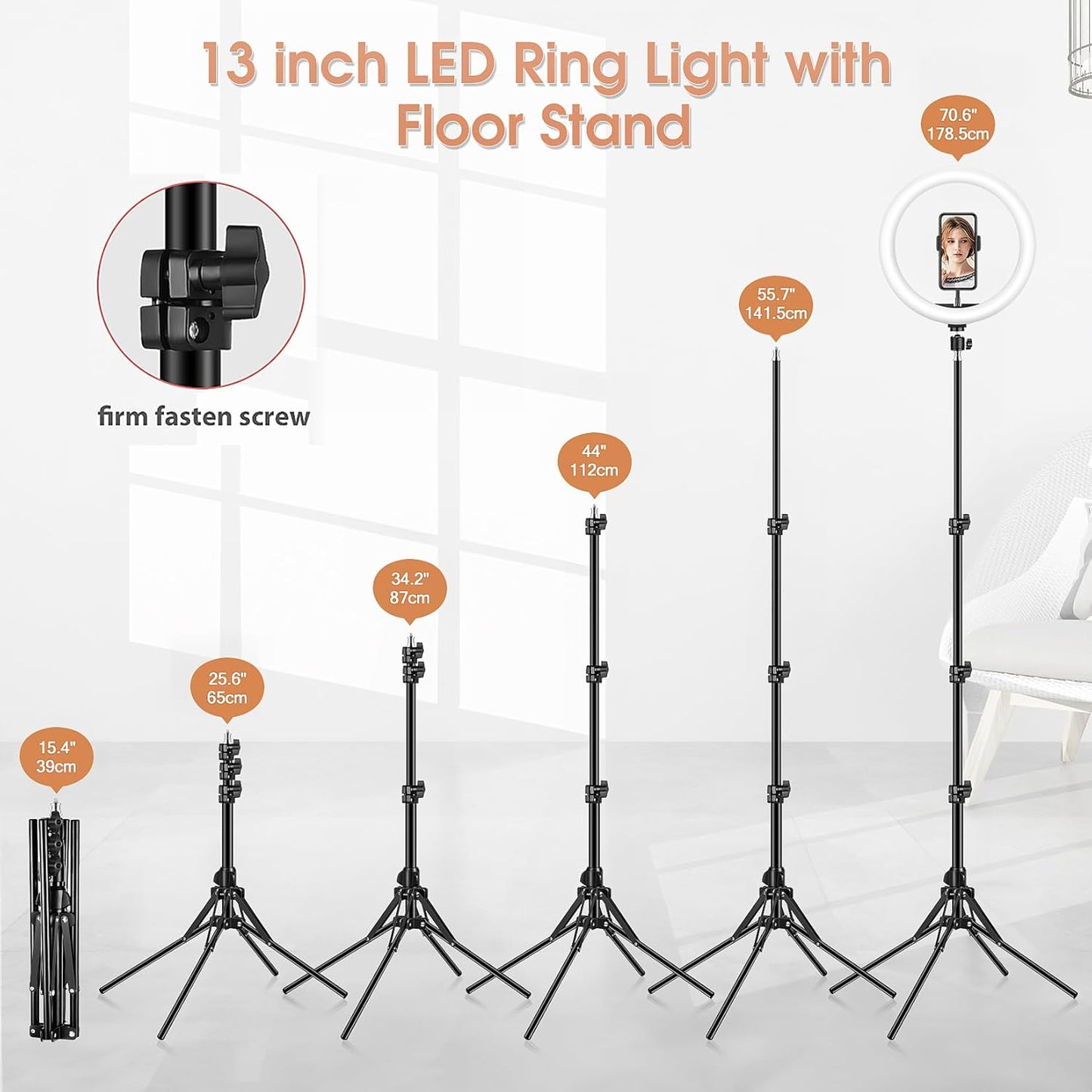 13 inch Ring Light with Floor Stand(Ringlight Kit Totally 70.6" Tall), LED Circle Light with Phone Holder, for Photo Selfie, Video Recording, Zoom Meeting