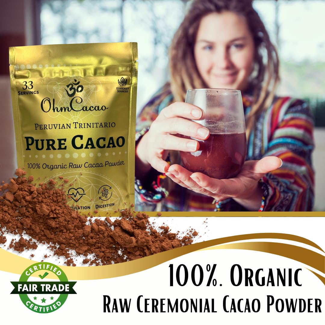 Ohm Pure Cacao Powder | Unsweetened Ceremonial Grade Cacao Powder | Natural Source of Magnesium & Iron | Organic Chocolate Baking Powder/Drink Mix (33 Servings)