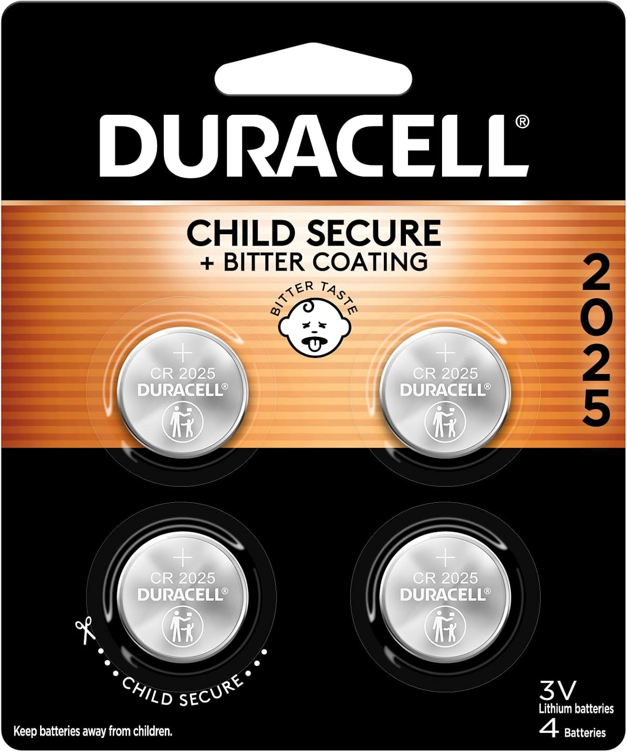 Duracell CR2025 3V Lithium Battery, Child Safety Features, 4 Count Pack, Lithium Coin Battery for Key Fob, Car Remote, Glucose Monitor, CR Lithium 3 Volt Cell