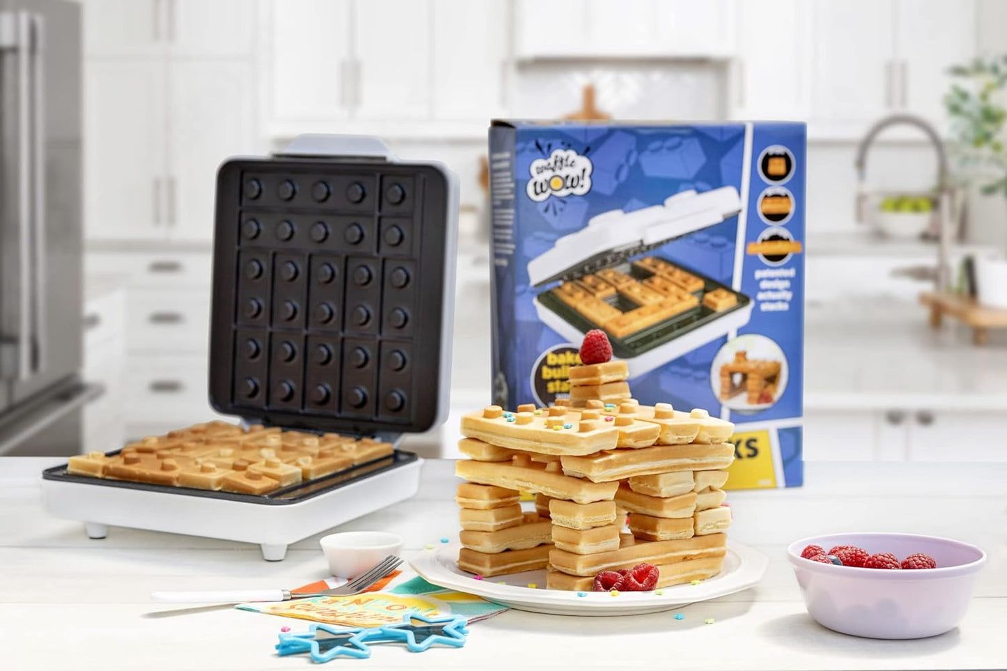 Building Brick Electric Waffle Maker- Cook Fun Buildable Waffles, Pancakes in Minutes- Build Gingerbread Houses, Cars & More Out of Stackable Waffles- Bite Sized for Kids, Nonstick Iron- Fun Xmas Gift