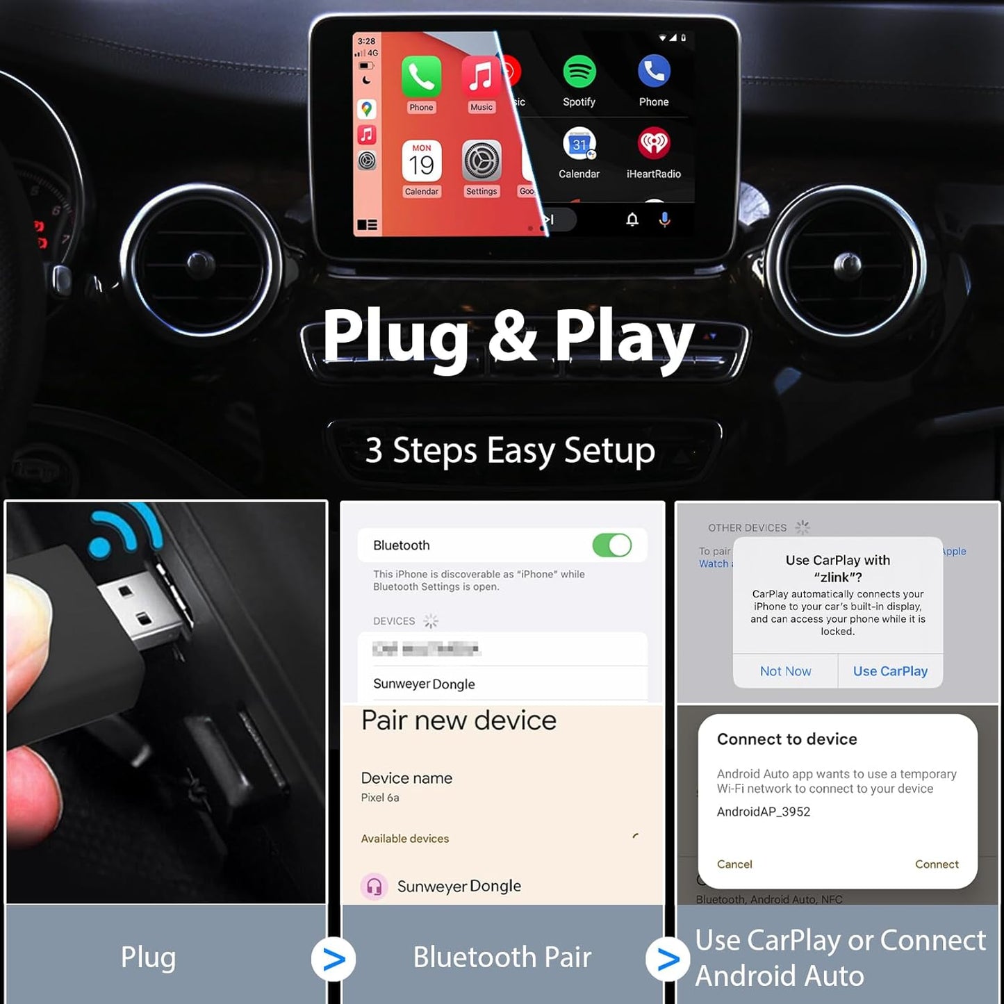 2024 Latest Wireless CarPlay & Android Auto Dongle 2 in 1 Auto Connect Box,USB Type-C Port,Supports Online Updates Wired to Wireless Adapter