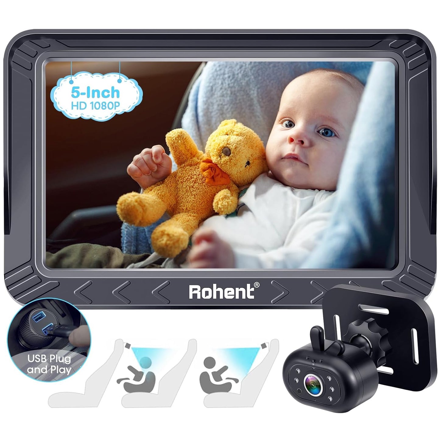 Rohent Baby Car Camera - 5-Inch HD 1080P, Night Vision, Easy Install, Rear & Forward-Facing Seat Camera, USB Powered Baby Camera for Car, Safety for Infants and Toddlers, No Tools Required