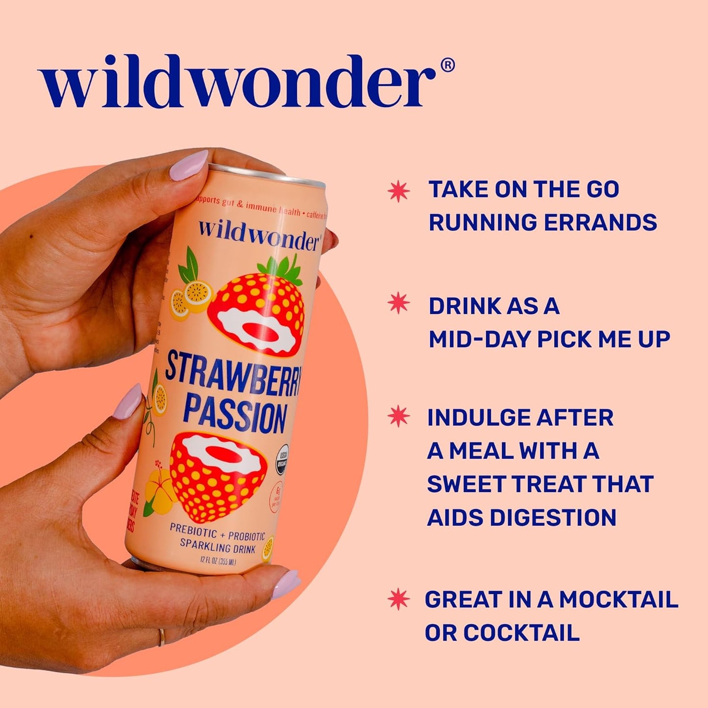 wildwonder Sparkling Probiotic Juice Drink w/Gut Health Immunity, Digestion Support, 5g Fiber, Live Probiotics, Caffeine Free, Organic, Low Sugar, 12pk 12oz, Strawberry Passion, As Seen on Shark Tank