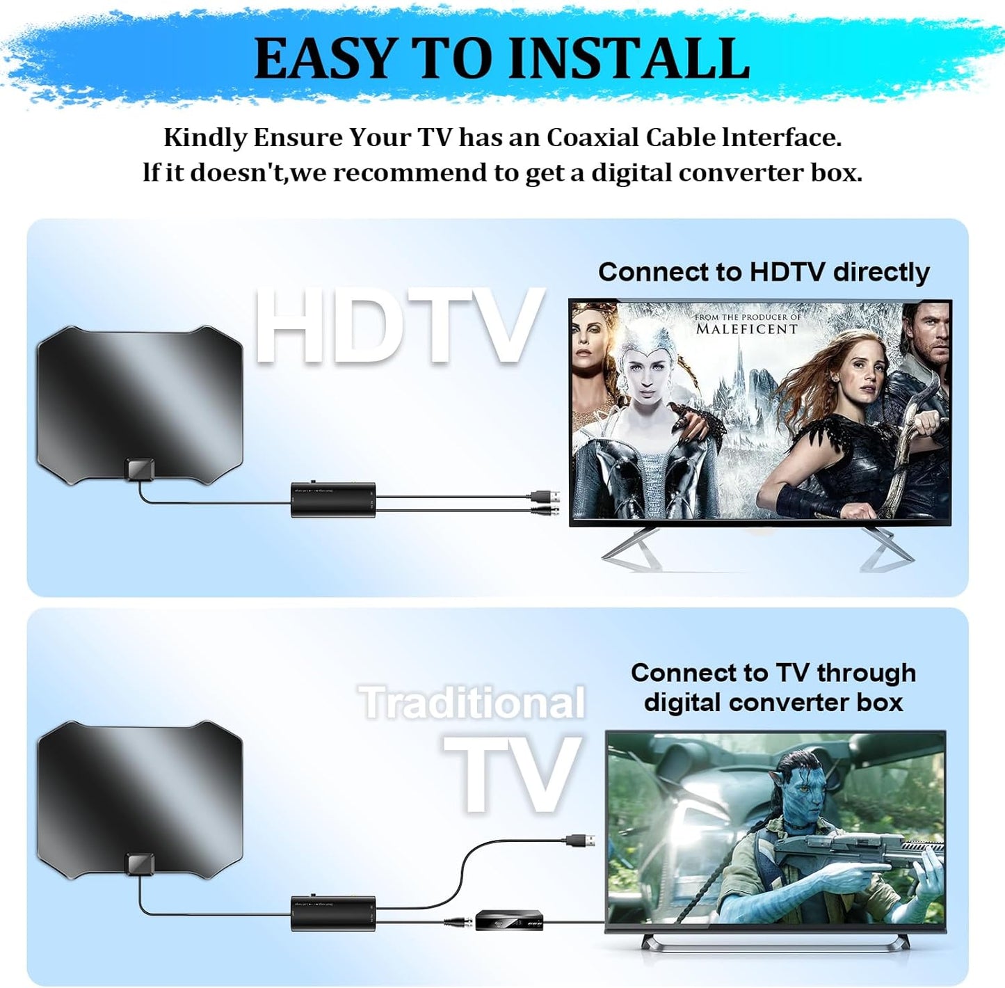 2024 TV Antenna for Smart TV Indoor, TV Antenna for Local Channels, 1000+ Miles Long Range TV Antenna Indoor 360°Reception, Support 8K 4K 1080p HDTV Antenna with 25ft Coaxial Cable