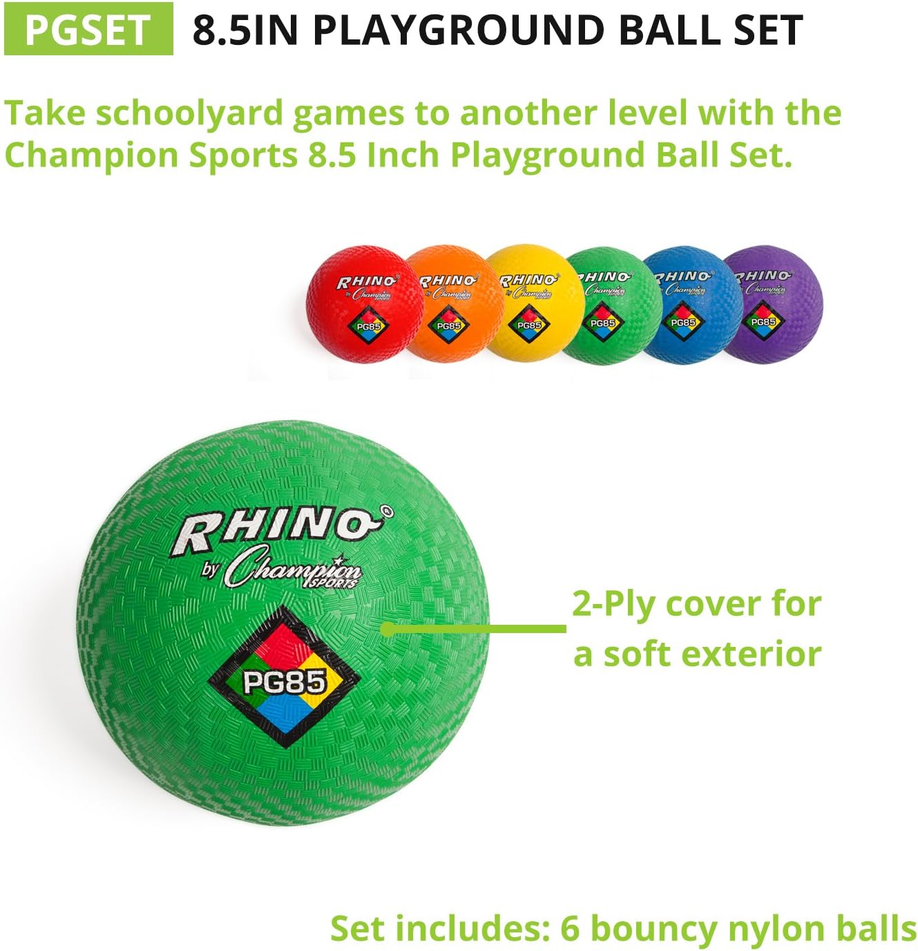 Champion Sports Rhino Playground Ball Set, 8.5"D -Two-Ply, Nylon Wound - Set of 6 Colors
