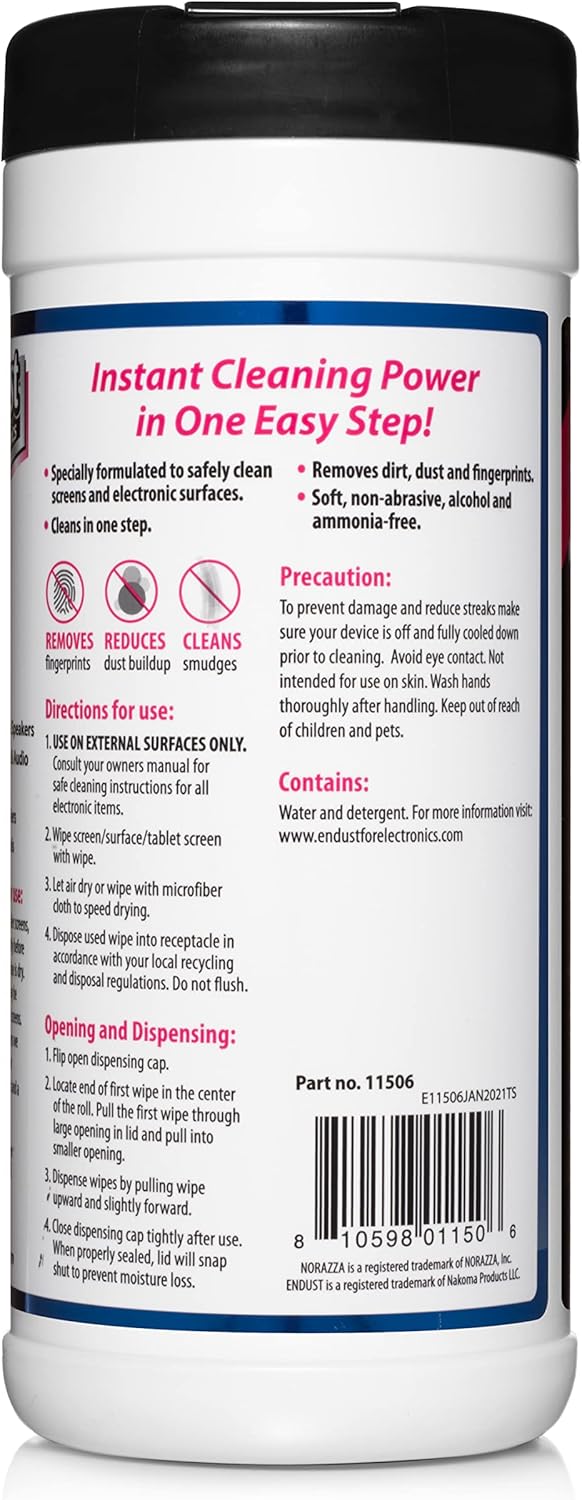Endust for Electronics; Screen & Surface Cleaning Wipes, Great LCD and Plasma Wipes, 70 Wipes (11506)