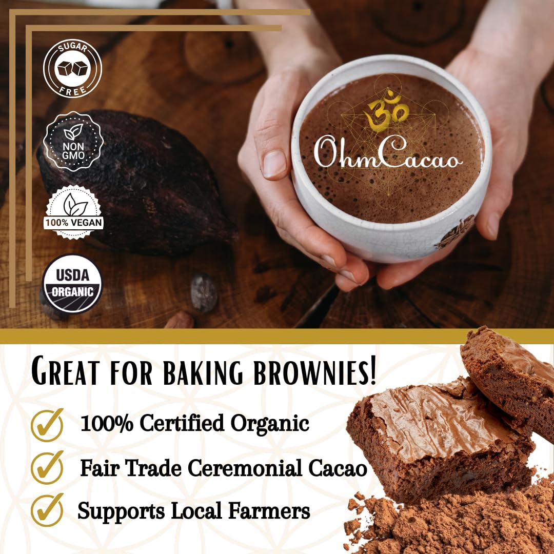 Ohm Pure Cacao Powder | Unsweetened Ceremonial Grade Cacao Powder | Natural Source of Magnesium & Iron | Organic Chocolate Baking Powder/Drink Mix (33 Servings)