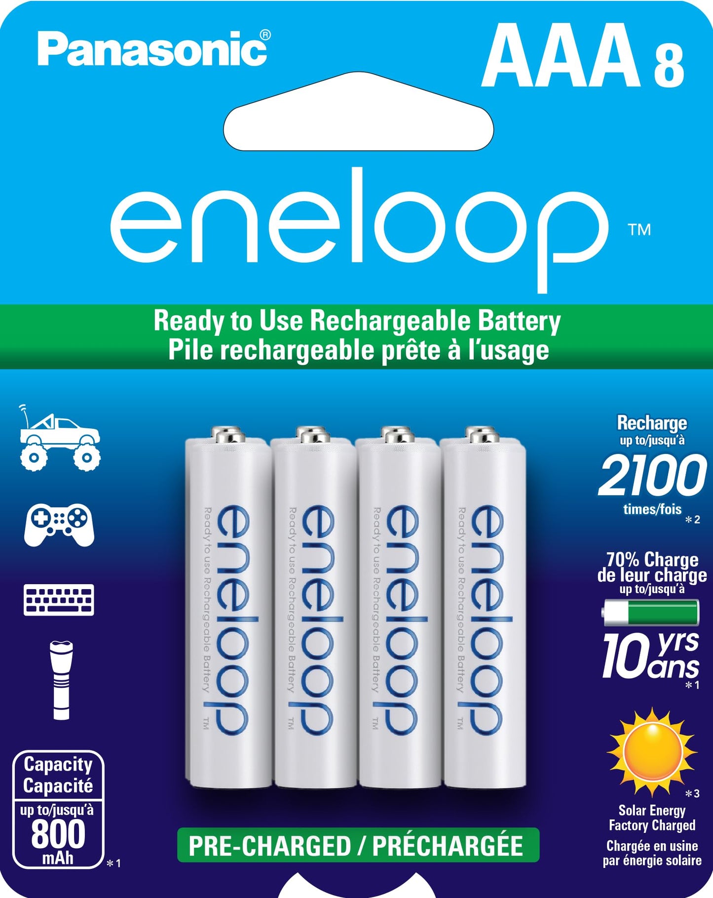 Eneloop Panasonic BK-4MCCA8BA AAA 2100 Cycle Ni-MH Pre-Charged Rechargeable Batteries, 8-Battery Pack