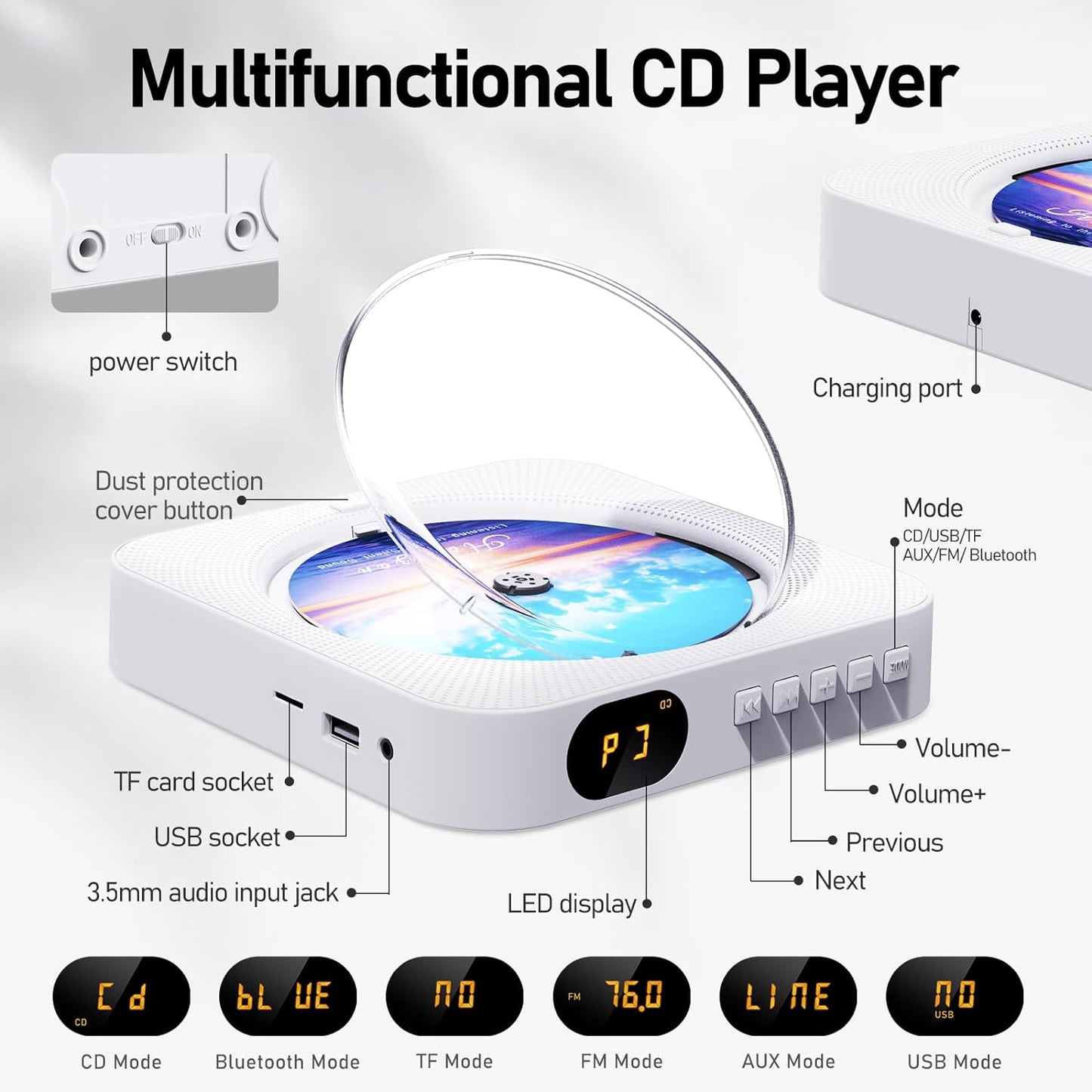 Bluetooth Portable Home CD Music Player with Remote Control, Timer, Built-in Speakers and LED Display - FM Radio Boombox (White)