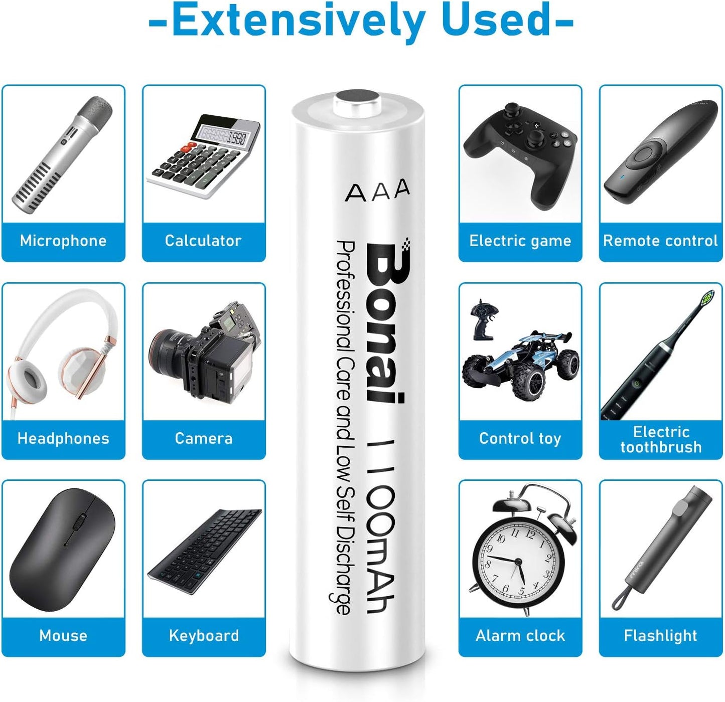 BONAI Rechargeable AAA Batteries • 1100 mAh • NiMH High-Capacity • Recharge up to 1200x • 16-Pack Pre-Charged
