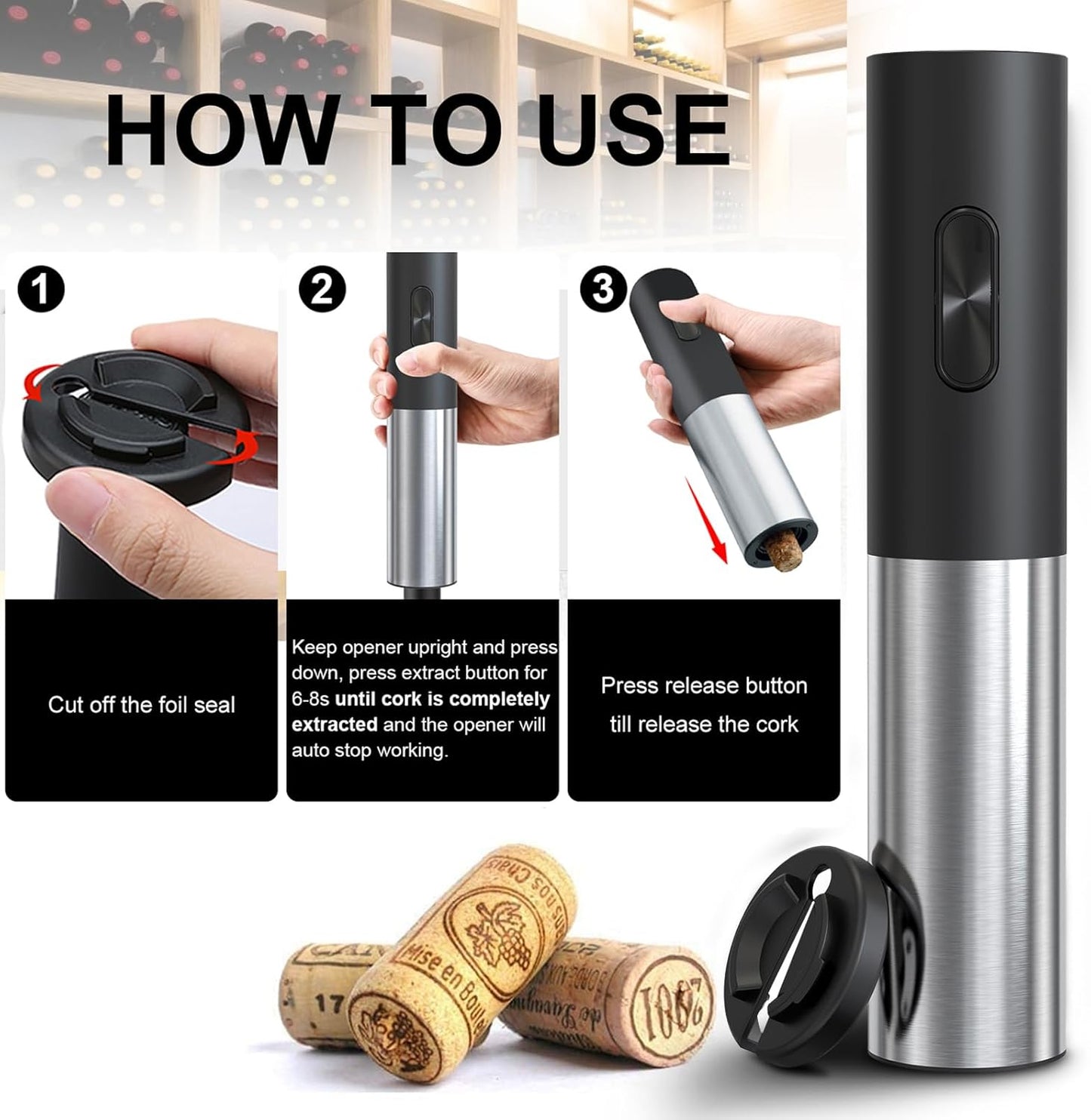 COKUNST Electric Wine Openers, Reusable Wine Bottle Corkscrew Opener with Foil Cutter, Battery Operated Stainless Steel Wine Remover for Home Kitchen Party Bar Restaurant