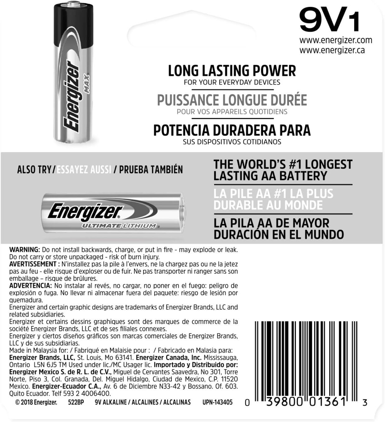 Energizer MAX 9V Batteries (1 Pack), 9 Volt Alkaline Batteries