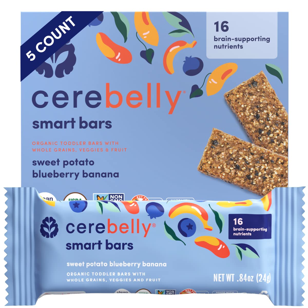 Cerebelly Toddler Snack Bars – Organic Sweet Potato Blueberry Banana Smart Bars (Pack of 5), Healthy Snack Bars for Kids - Made with Gluten Free Ingredients, Nut Free, No Added Sugar, Organic Bars