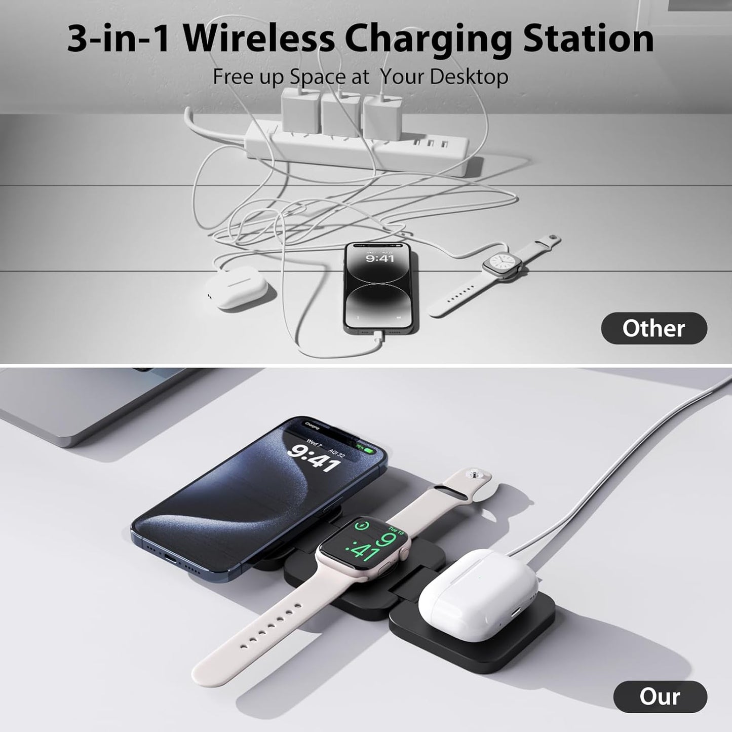 Fast Wireless Charger, Magnetic Foldable 3 in 1 Charging Station for iPhone 16/15/14/13/12/Pro/Plus/Pro Max, 5W Portable Charger for Apple Watch9/8/7/6/5/4/3/SE, for Airpods3/2/Pro-Black