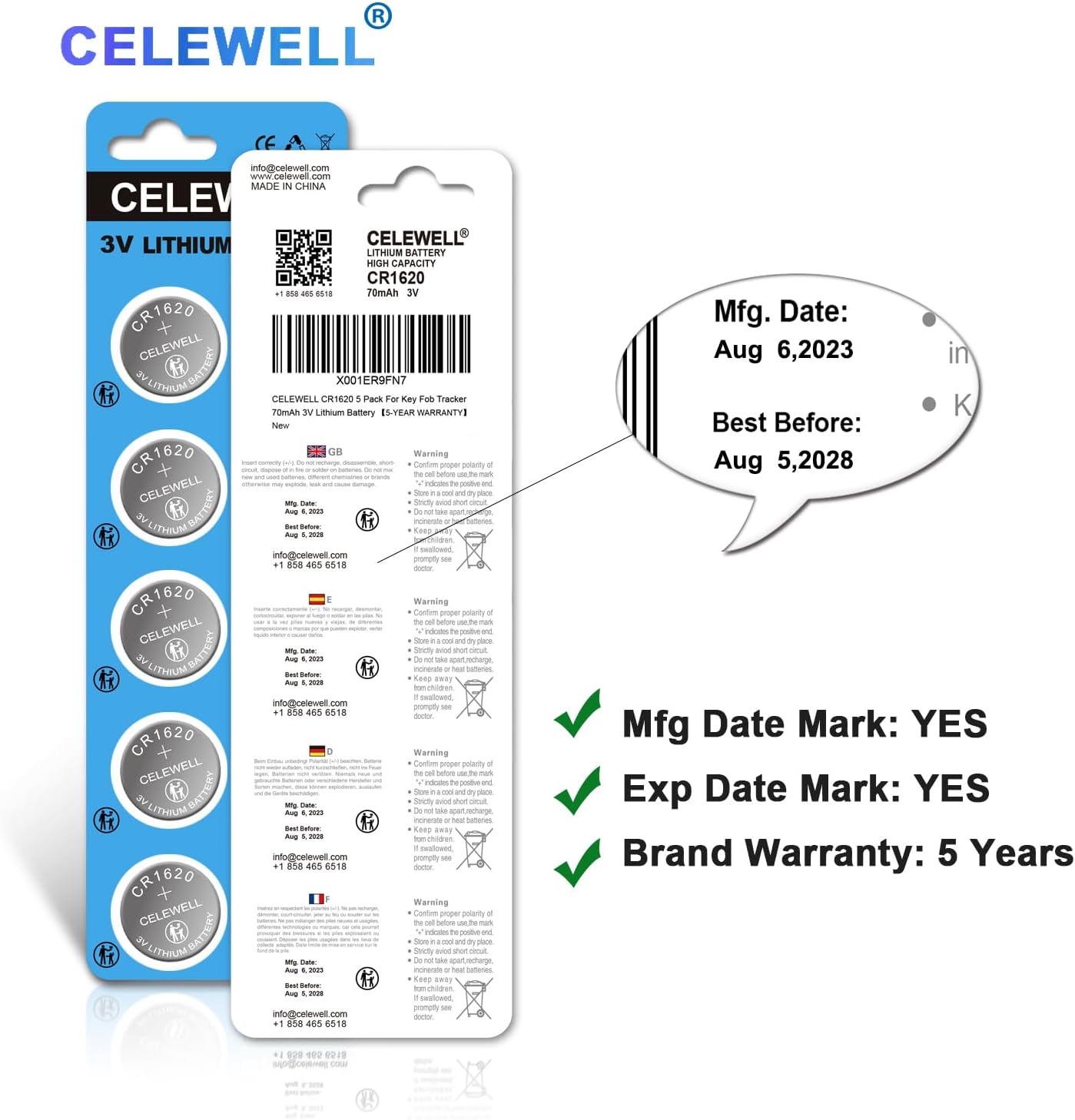 CR1620 5 Pack for Key Fob Tracker 70mAh 3V Lithium Battery 【5-Year Warranty】