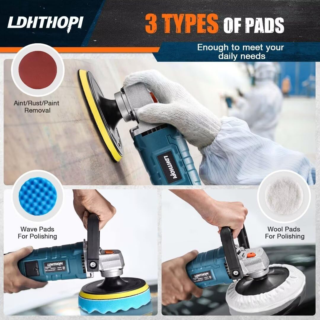 Buffer Polisher, 1600W 7 Inch/6 Inch Rotary Buffer Polisher Waxer, 7 Variable Speed 1000-3500 RPM, Detachable Handle for Car, Boat Sanding, Polishing, Waxing