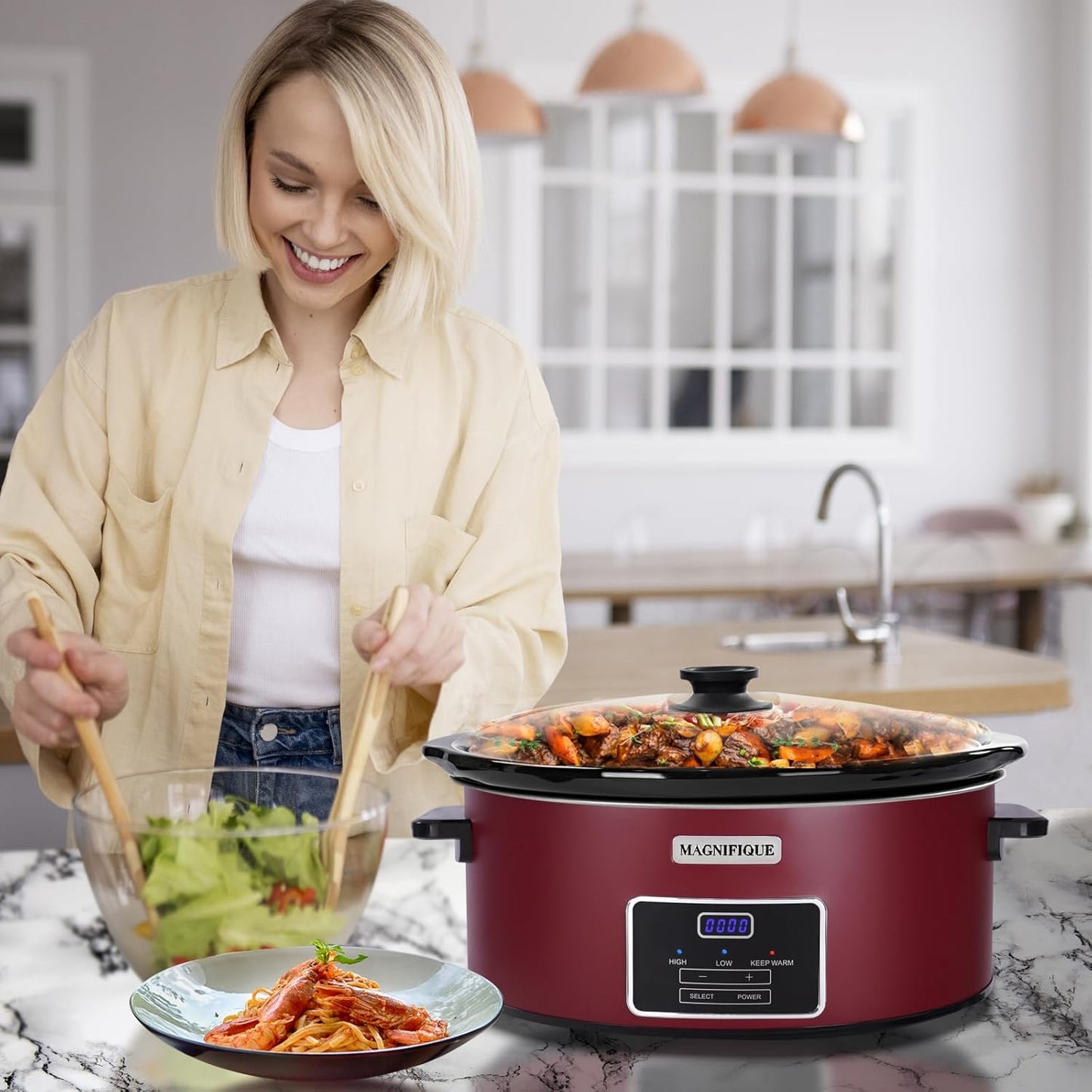 Magnifique 6 Quart Programmable Slow Cooker, Kitchen Appliances, Perfect Kitchen Small Appliance for Family Dinners, Red Stainless Steel