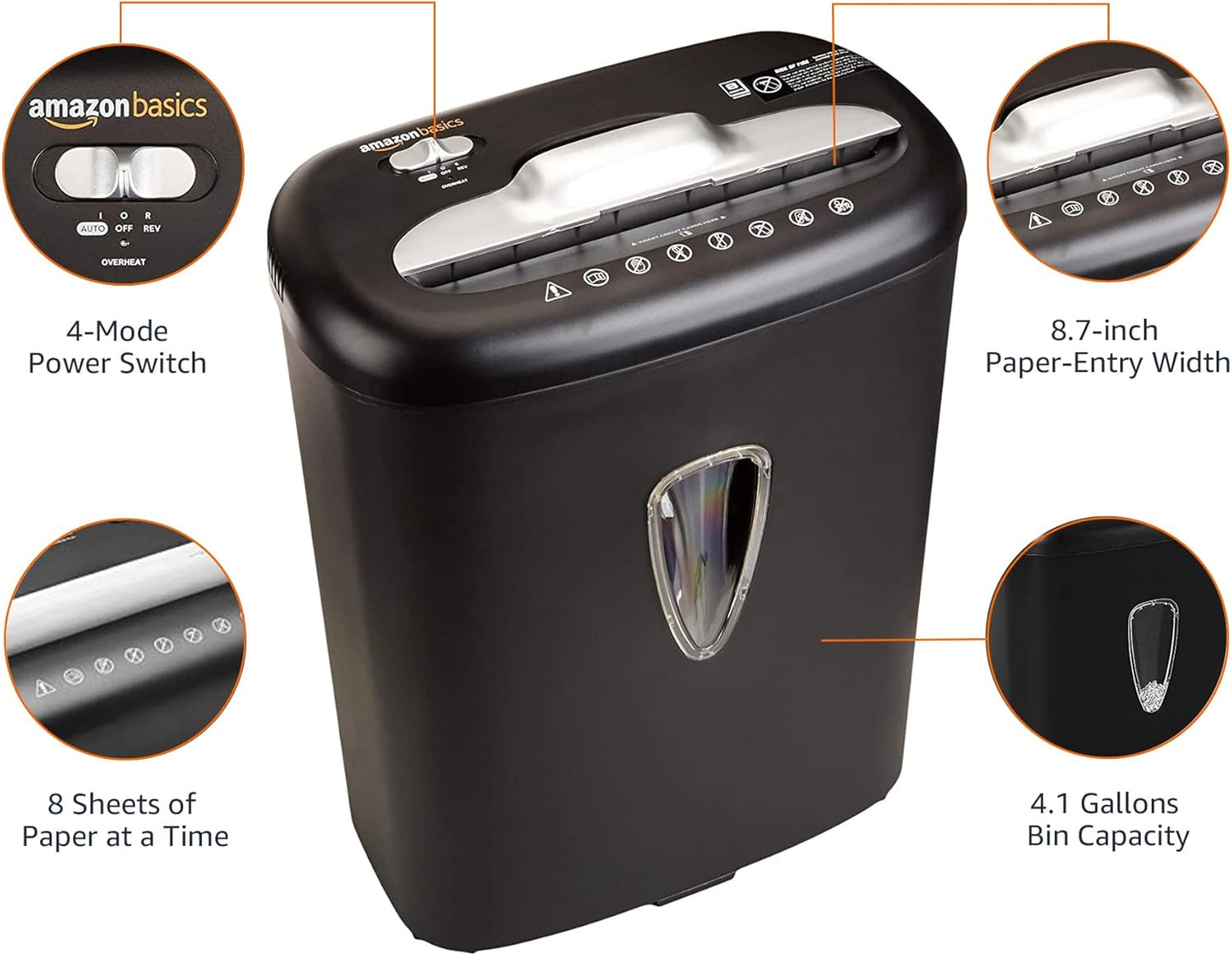 Amazon Basics 8 Sheet Cross Cut Paper and Credit Card Shredder with 4.1 Gallon Bin, Black